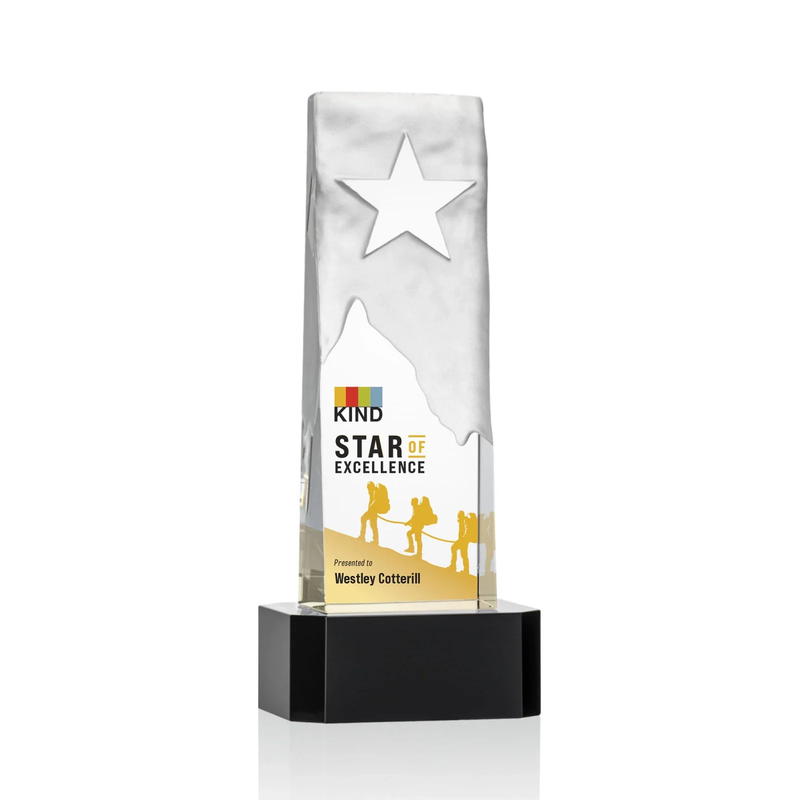 Personalized Optical Crystal Award With a Frosted Mountain and Clear Star for team milestone celebrations