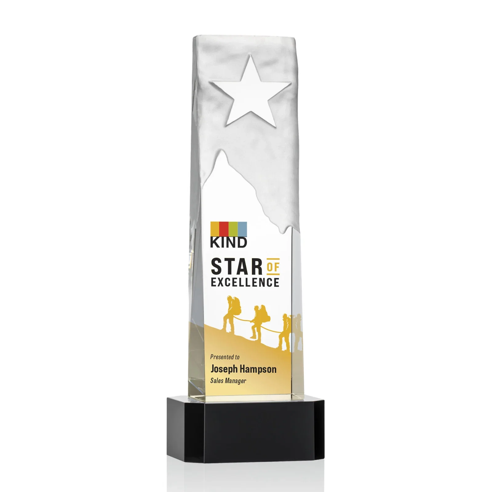 Personalized Optical Crystal Award With a Frosted Mountain and Clear Star for donor appreciation