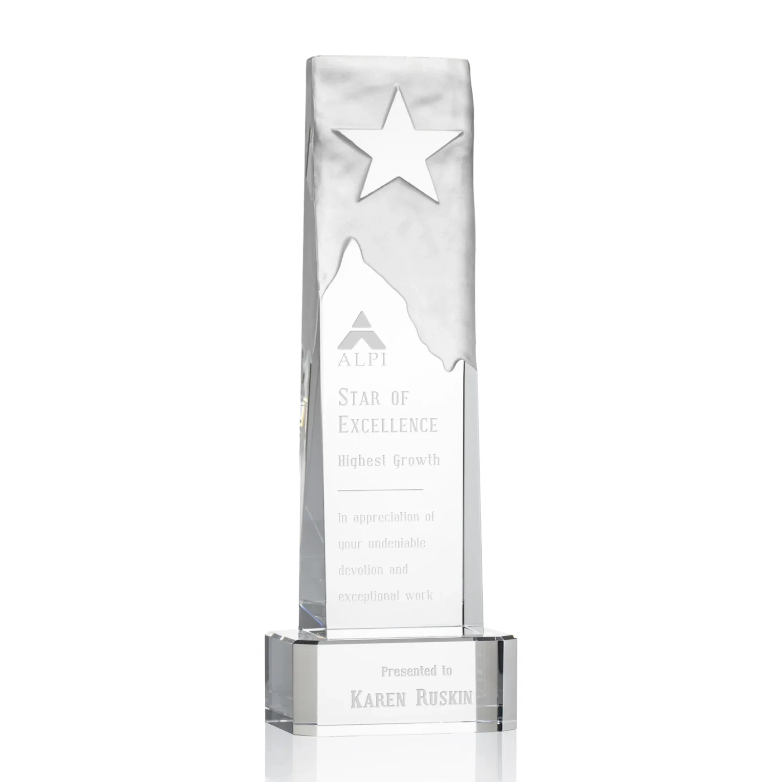 Custom Optical Crystal Award With a Frosted Mountain and Clear Star for corporate award ceremonies