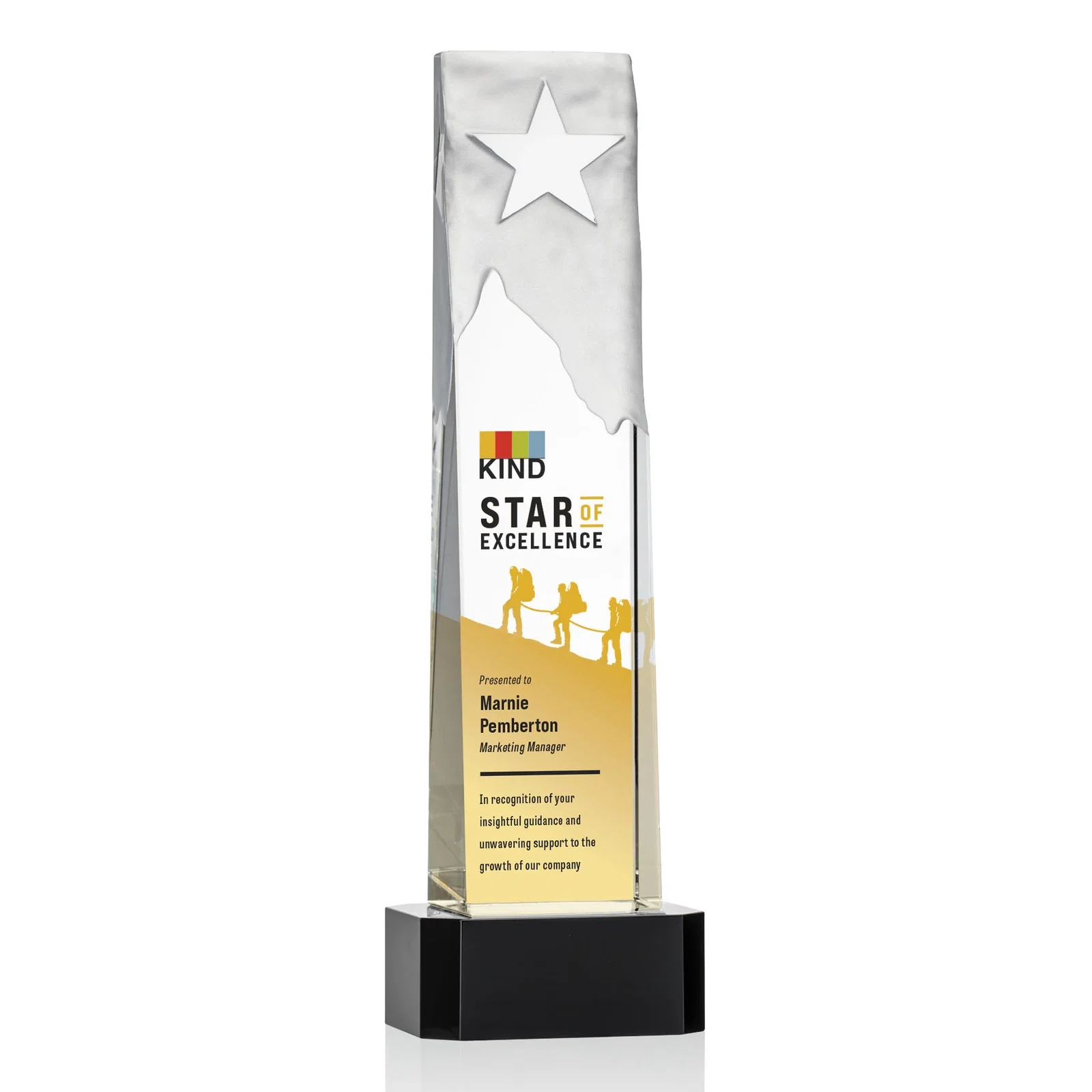 Personalized Optical Crystal Award With a Frosted Mountain and Clear Star for graduation ceremonies