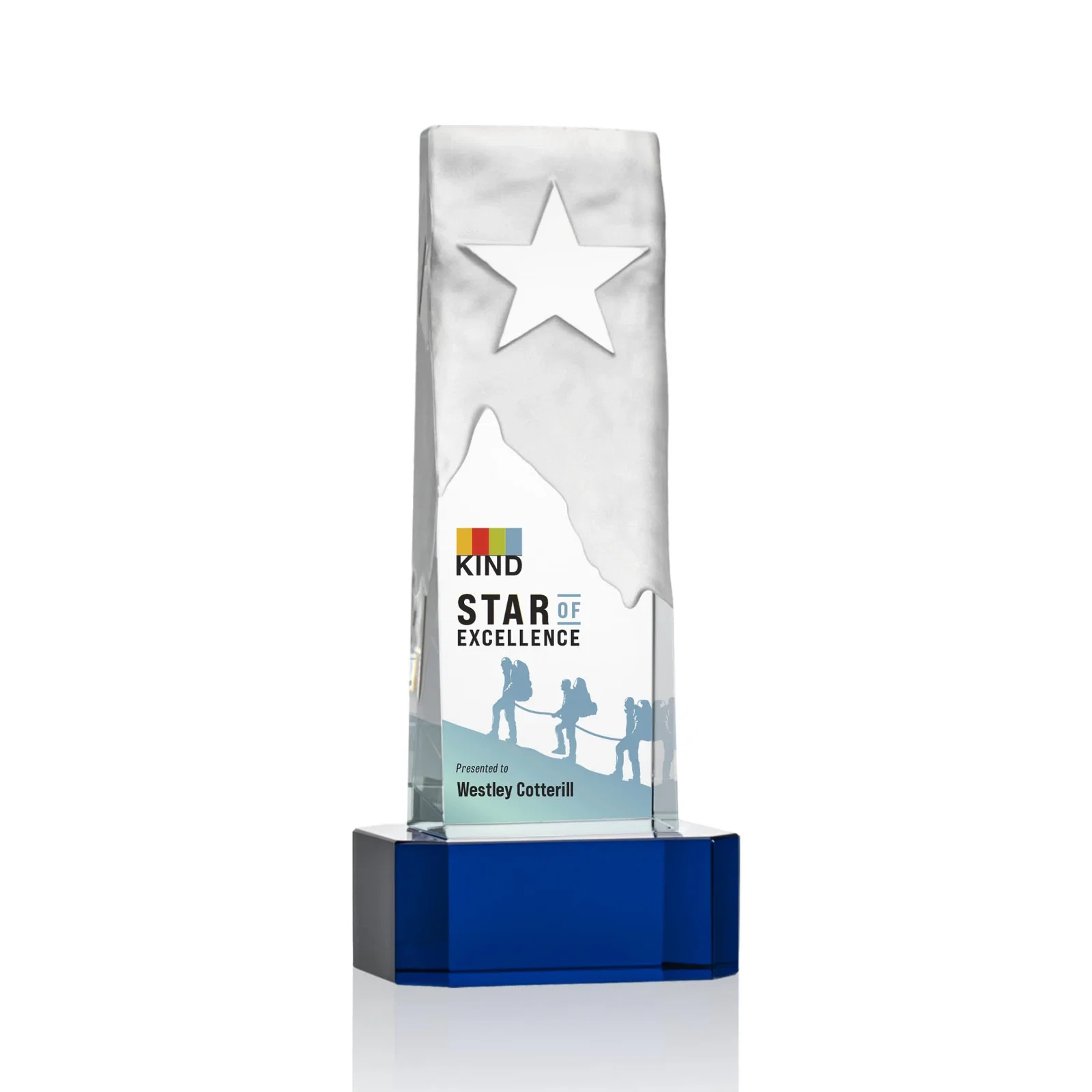 Personalized Optical Crystal Award With a Frosted Mountain and Clear Star for volunteer appreciation