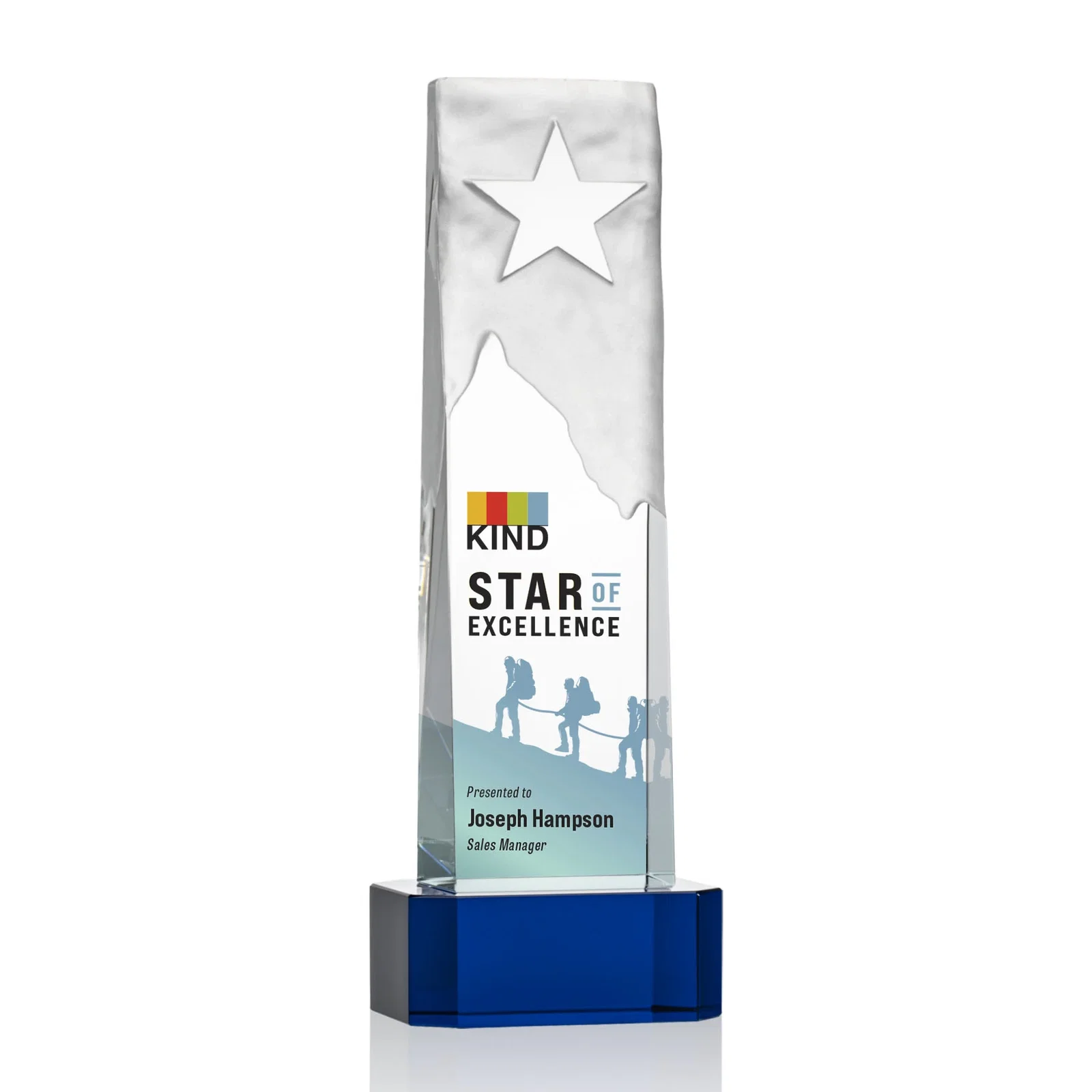 Personalized Optical Crystal Award With a Frosted Mountain and Clear Star for dealer and partner awards