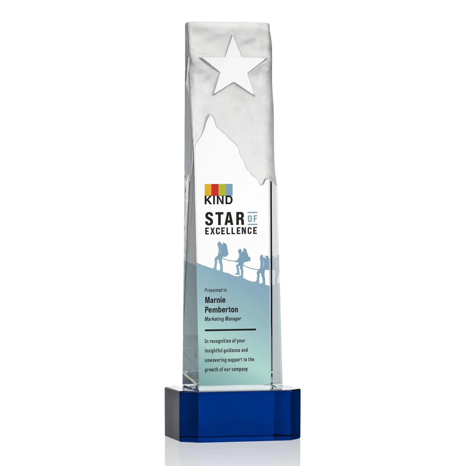 Personalized Optical Crystal Award With a Frosted Mountain and Clear Star for company anniversary events
