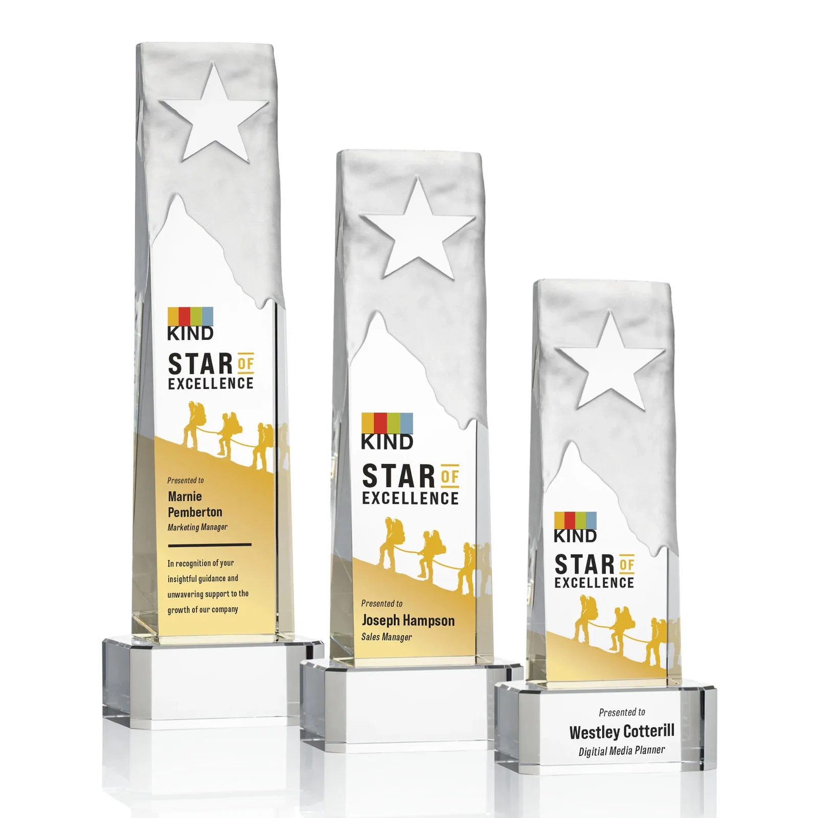 Promotional Optical Crystal Award With a Frosted Mountain and Clear Star for employee recognition