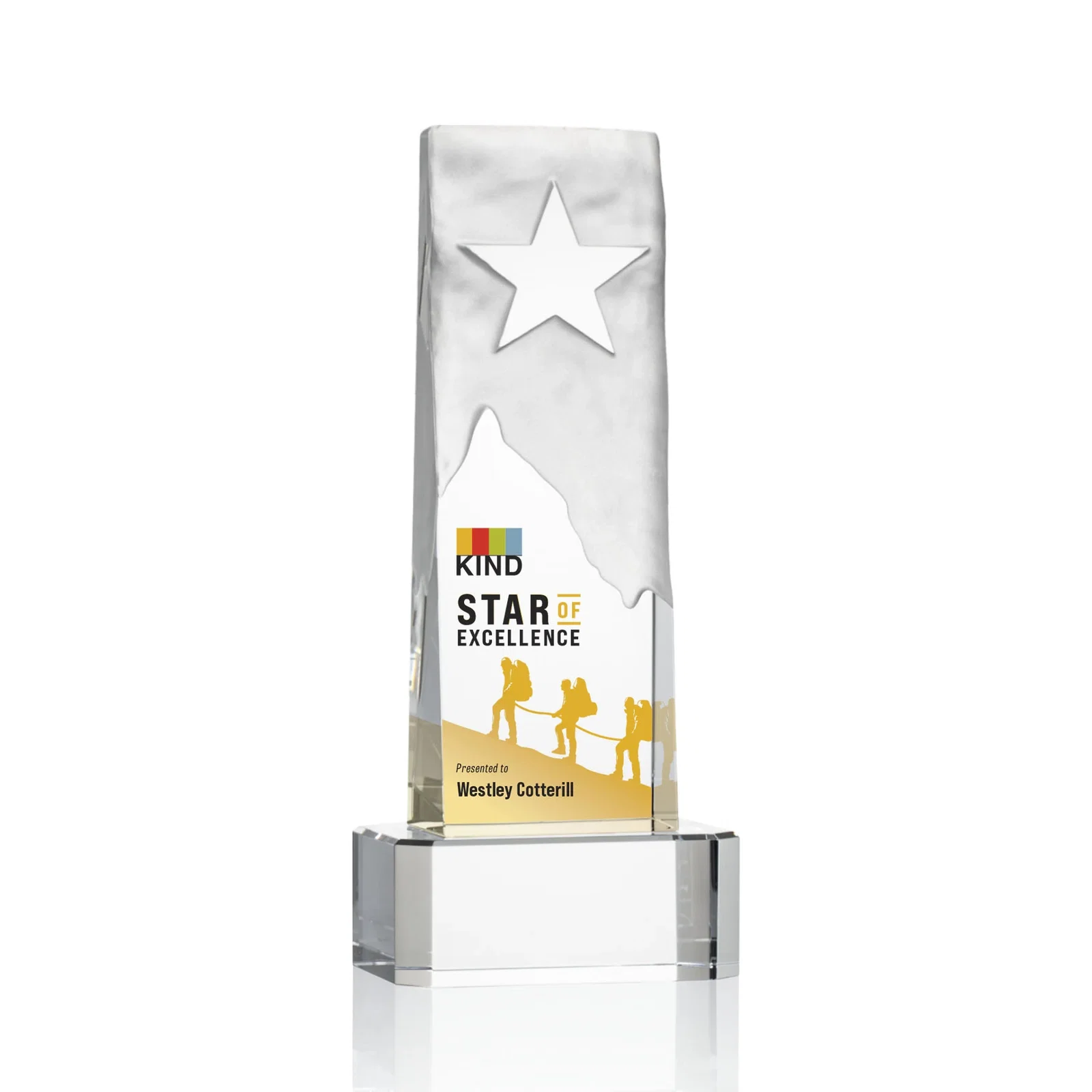 Promotional Optical Crystal Award With a Frosted Mountain and Clear Star for corporate award ceremonies