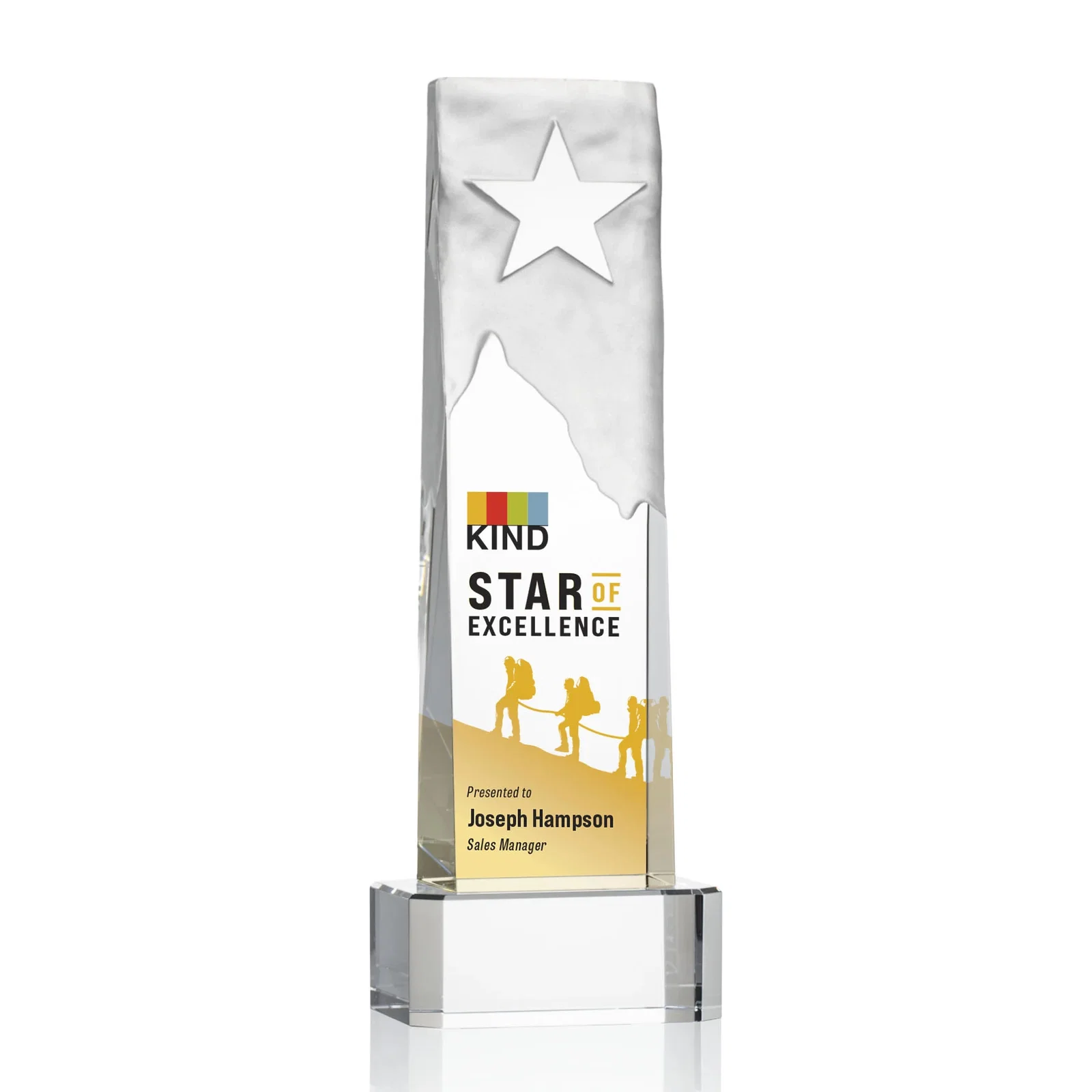 Promotional Optical Crystal Award With a Frosted Mountain and Clear Star for service anniversary gifts