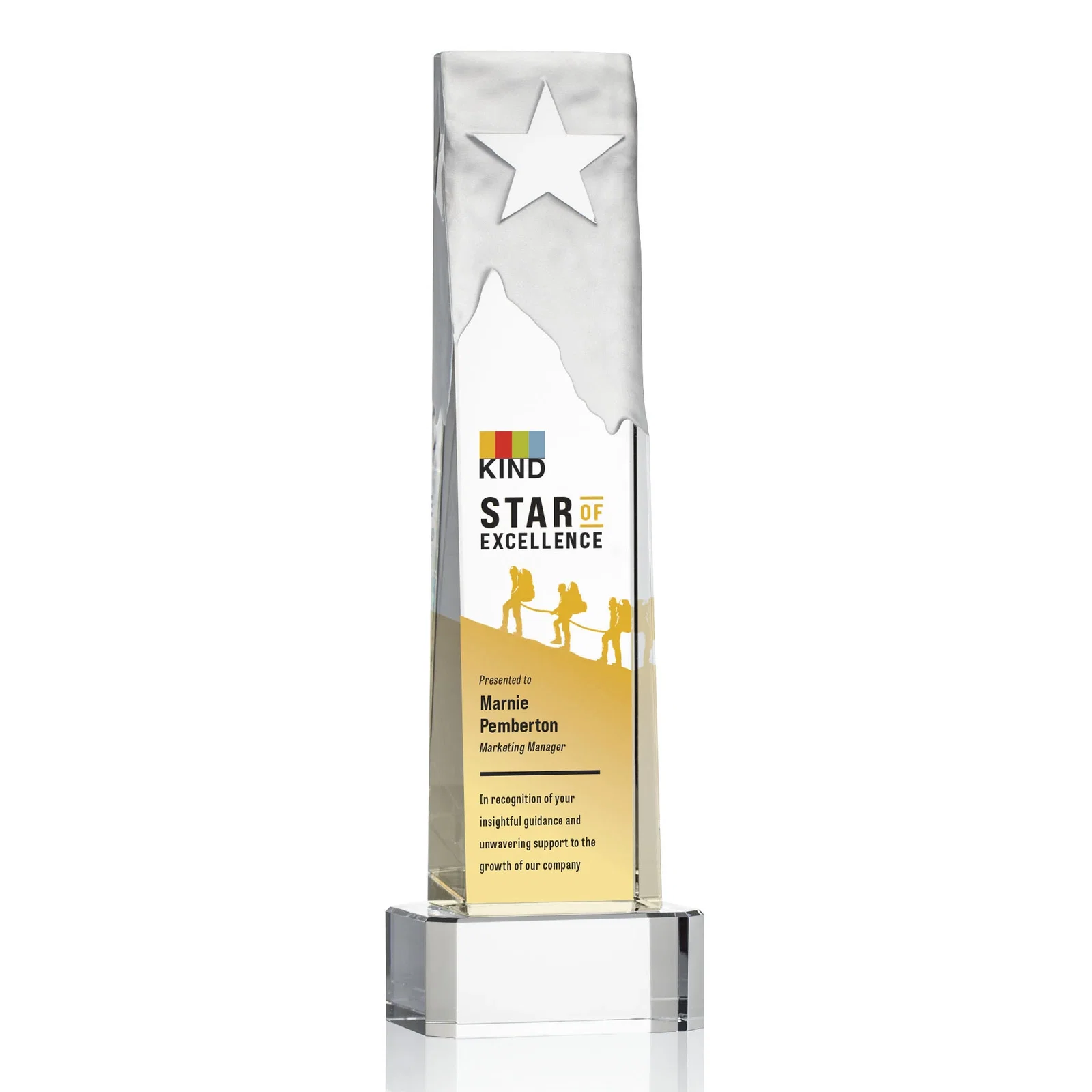 Promotional Optical Crystal Award With a Frosted Mountain and Clear Star for sales achievement awards
