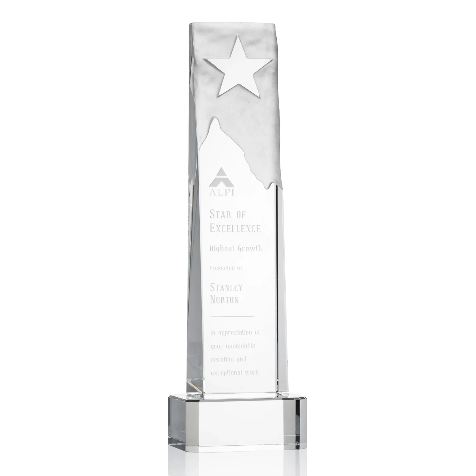 Custom Optical Crystal Award With a Frosted Mountain and Clear Star for service anniversary gifts
