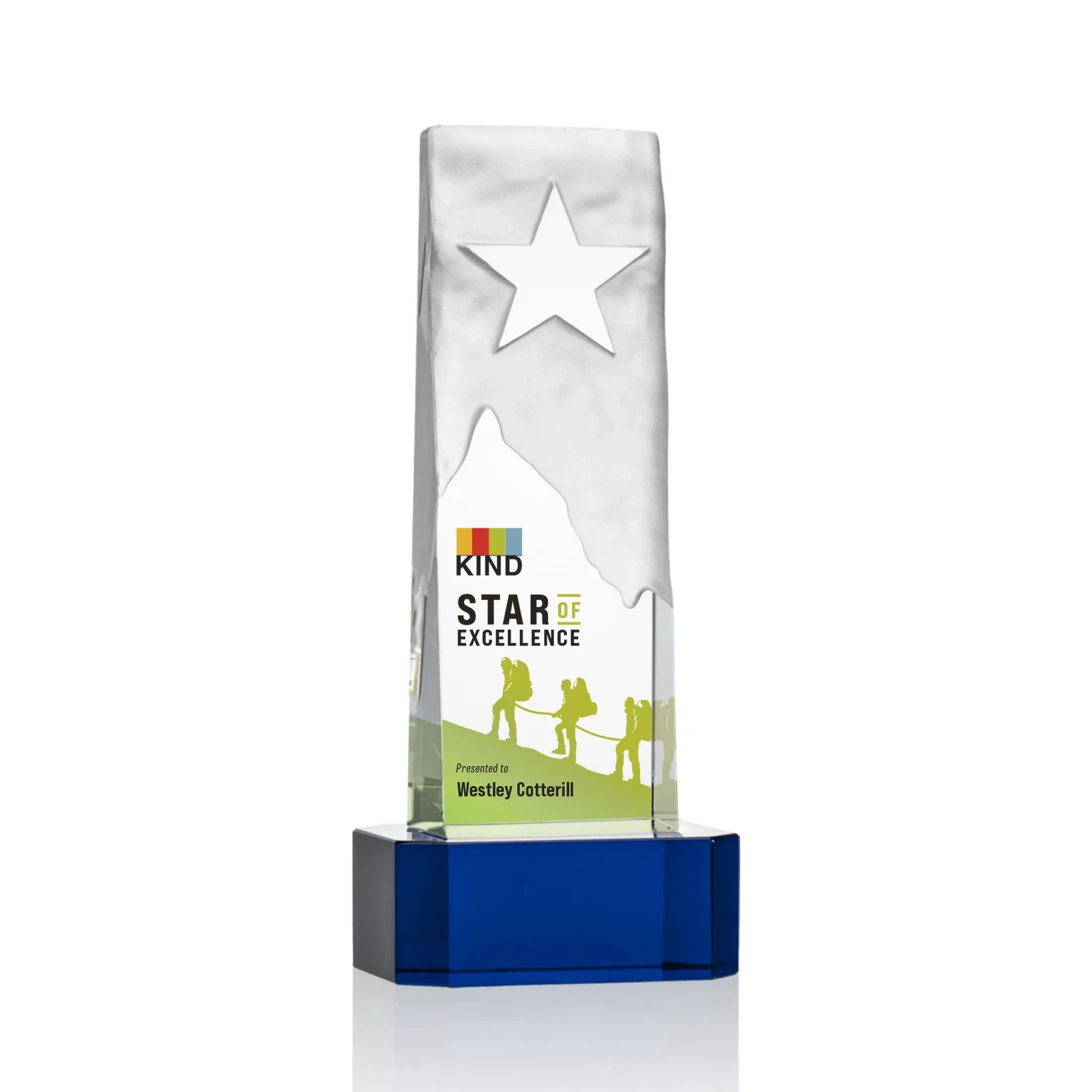 Promotional Optical Crystal Award With a Frosted Mountain and Clear Star for team milestone celebrations