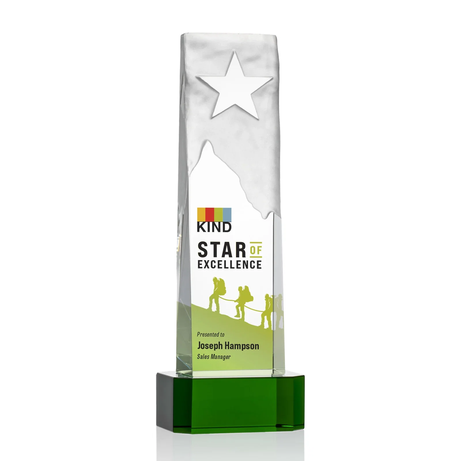Promotional Optical Crystal Award With a Frosted Mountain and Clear Star for donor appreciation