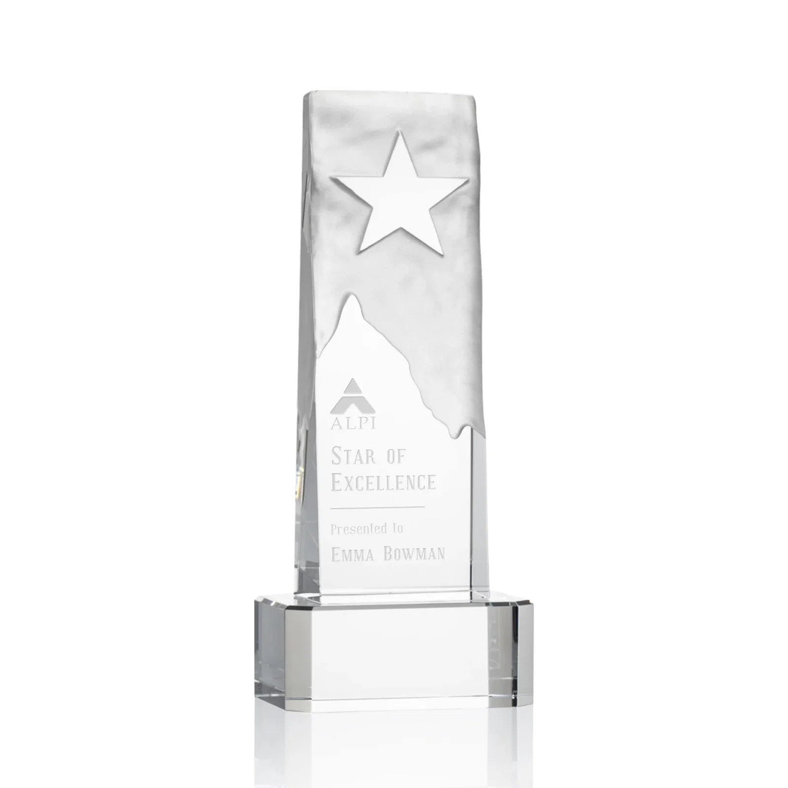 Custom Optical Crystal Award With a Frosted Mountain and Clear Star for sales achievement awards