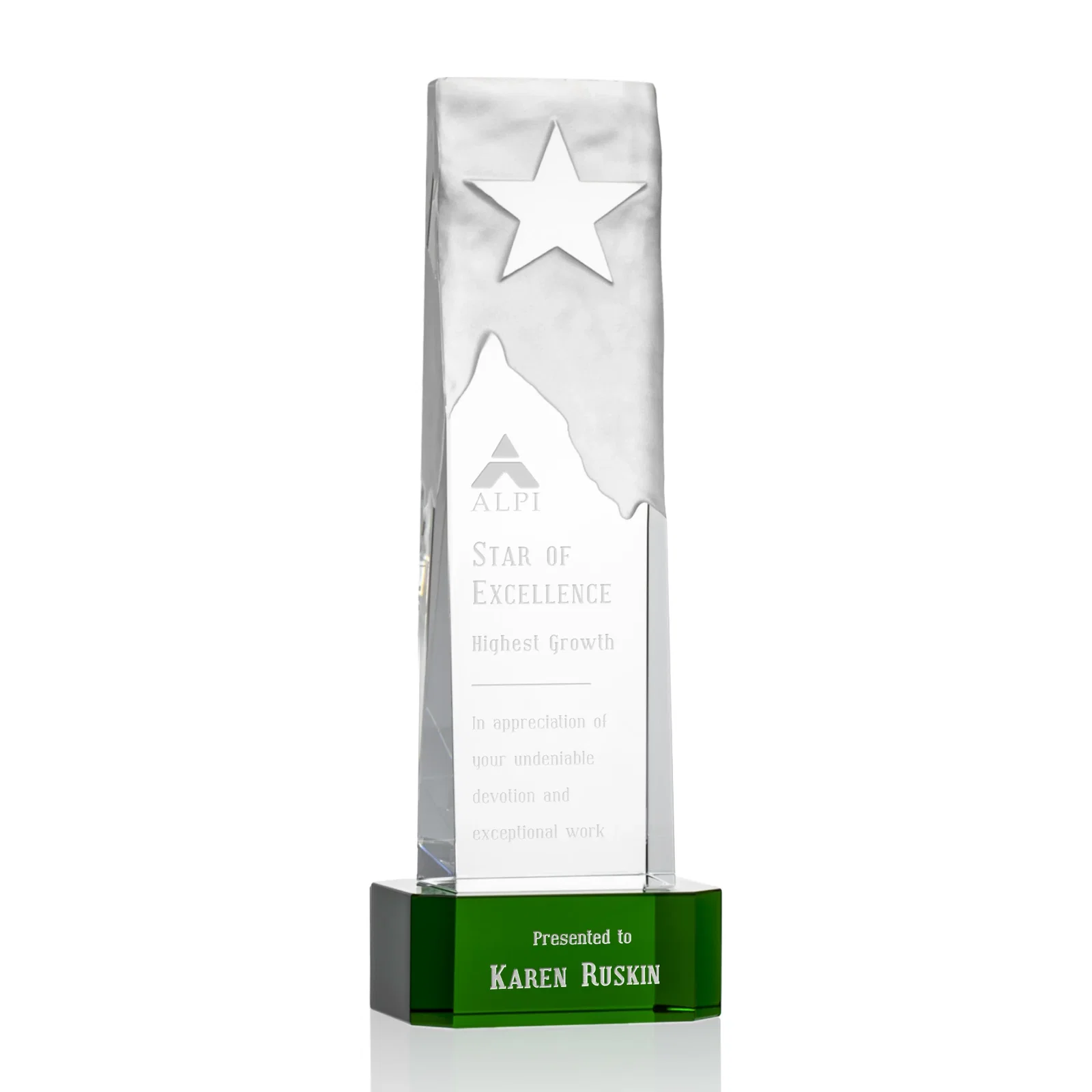 Custom Optical Crystal Award With a Frosted Mountain and Clear Star for team milestone celebrations