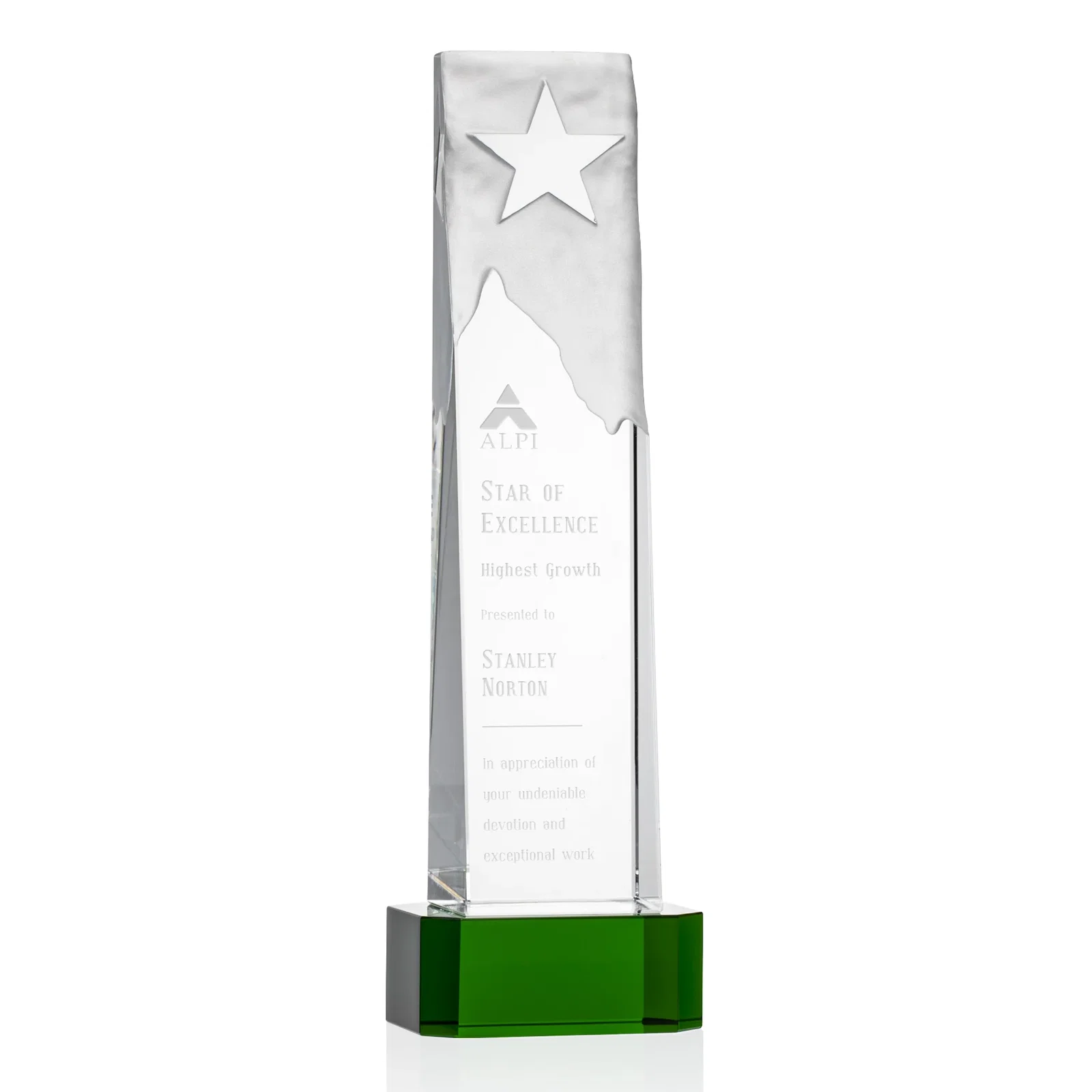Custom Optical Crystal Award With a Frosted Mountain and Clear Star for donor appreciation