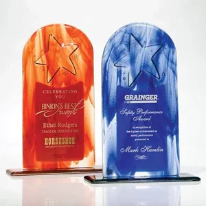 Blue or Red Fused Glass Arch Award With Embossed Star