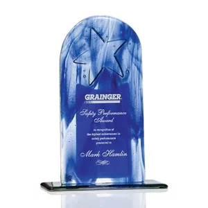 Blue or Red Fused Glass Arch Award With Embossed Star