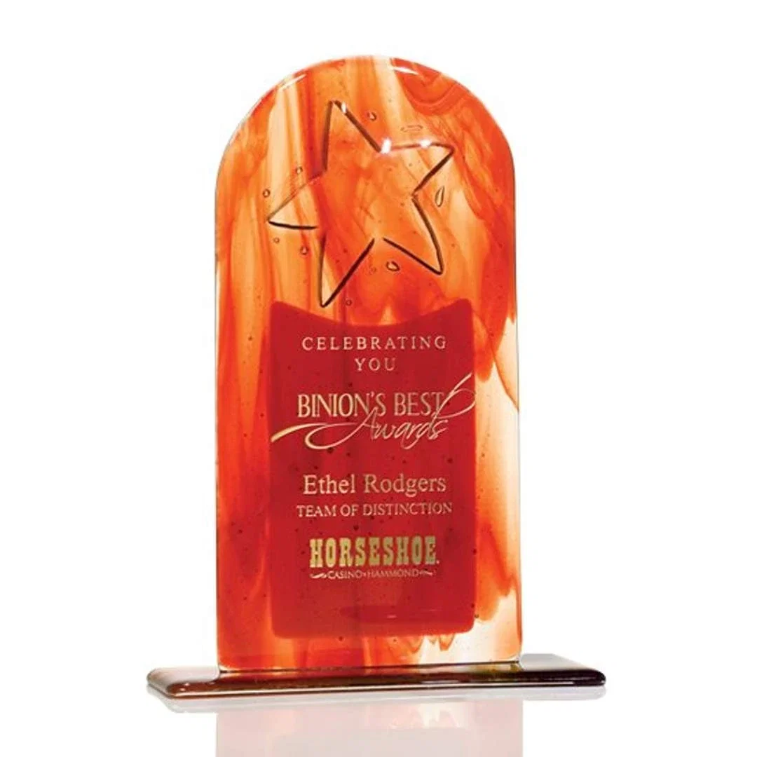Custom Blue or Red Fused Glass Arch Award With Embossed Star for service anniversary gifts