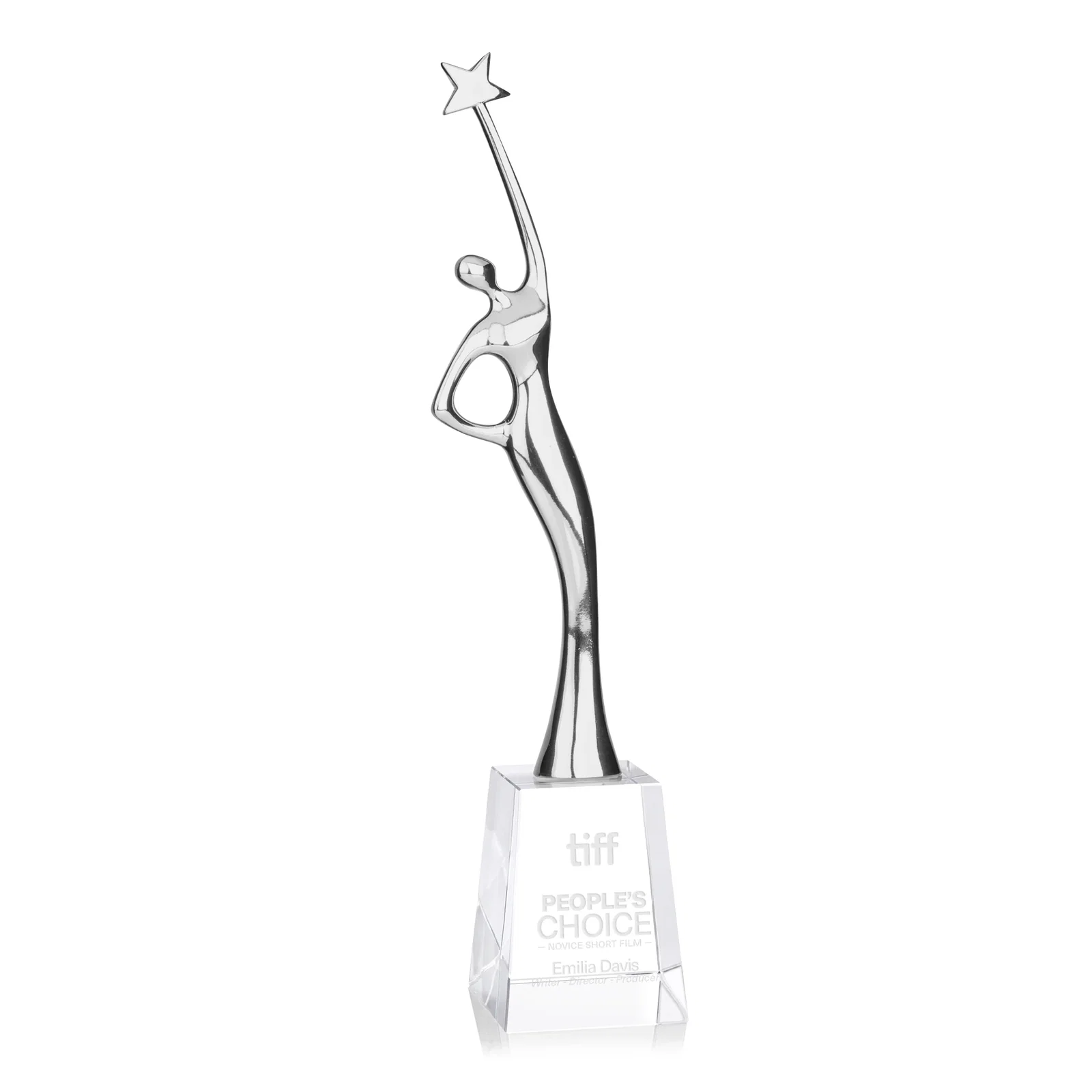 Personalized Gold Cast Metal Star Figure Award on a Crystal Base for corporate award ceremonies