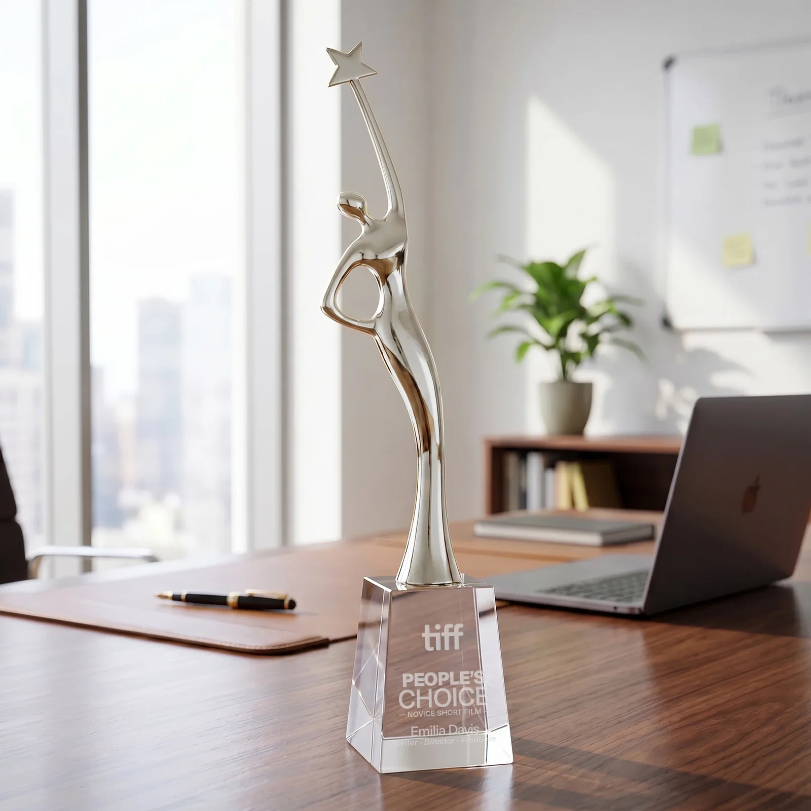 Personalized Gold Cast Metal Star Figure Award on a Crystal Base for sales achievement awards