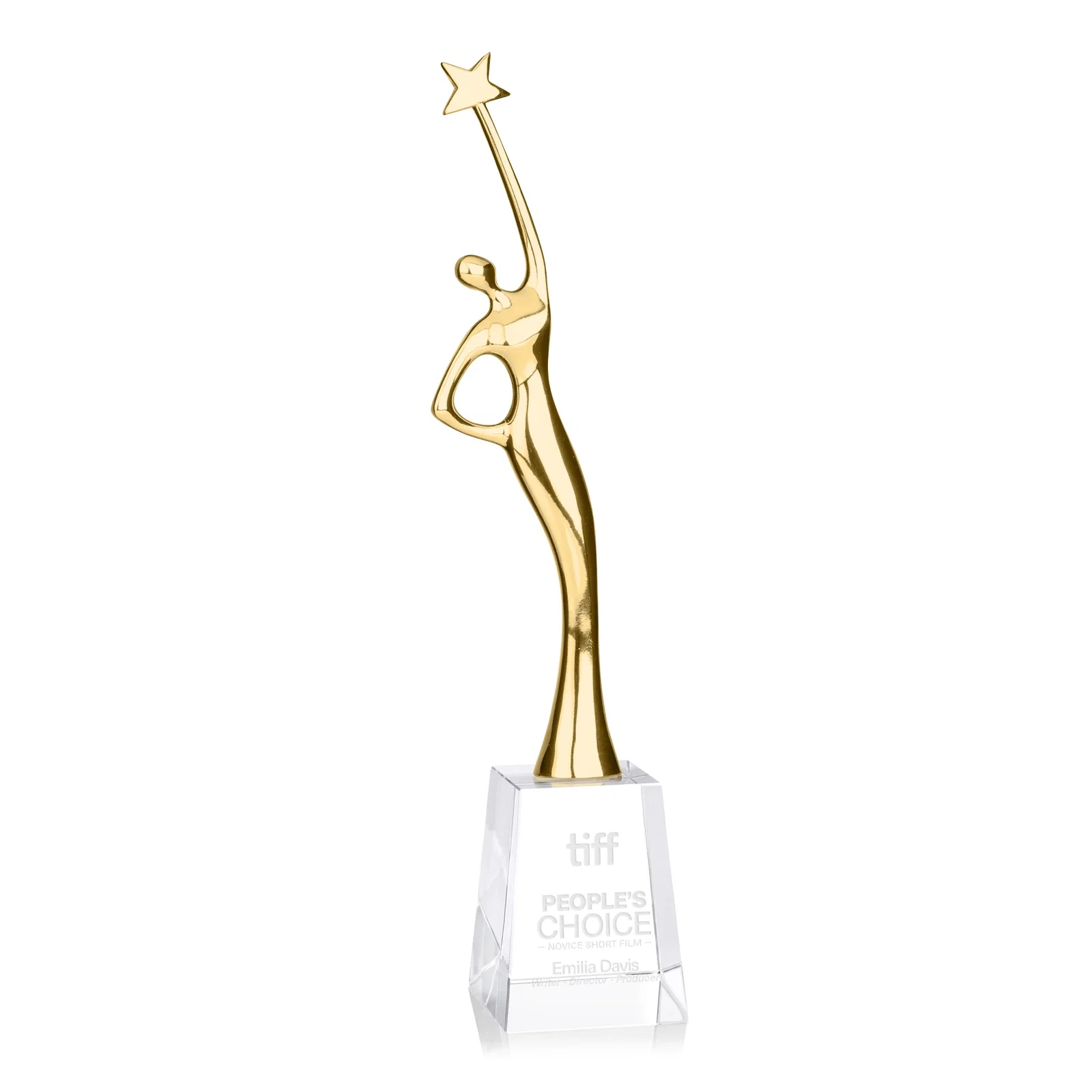 Custom Gold Cast Metal Star Figure Award on a Crystal Base for service anniversary gifts