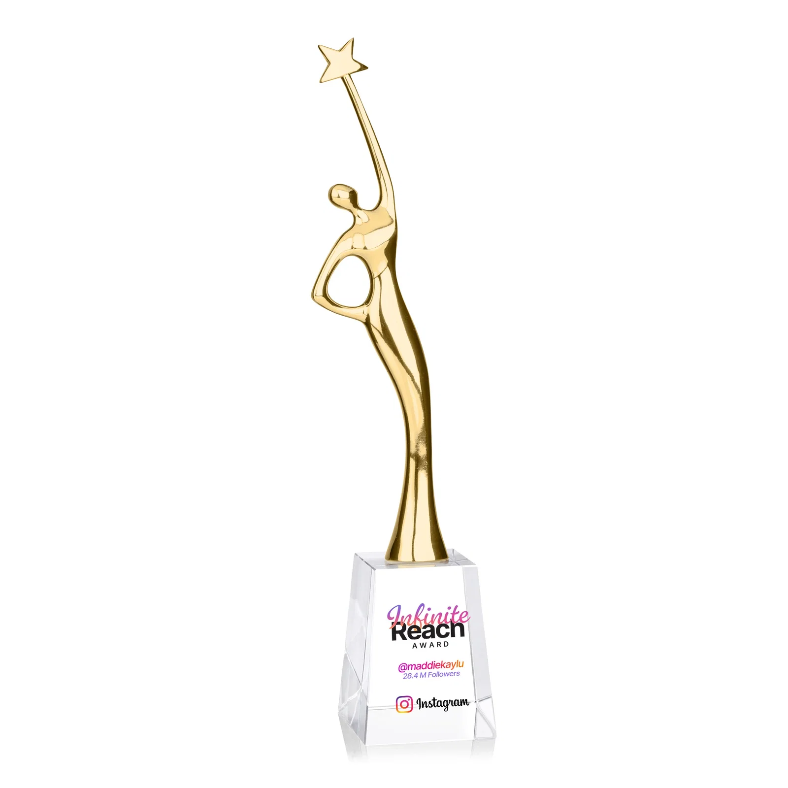 Promotional Gold Cast Metal Star Figure Award on a Crystal Base for retirement presentations
