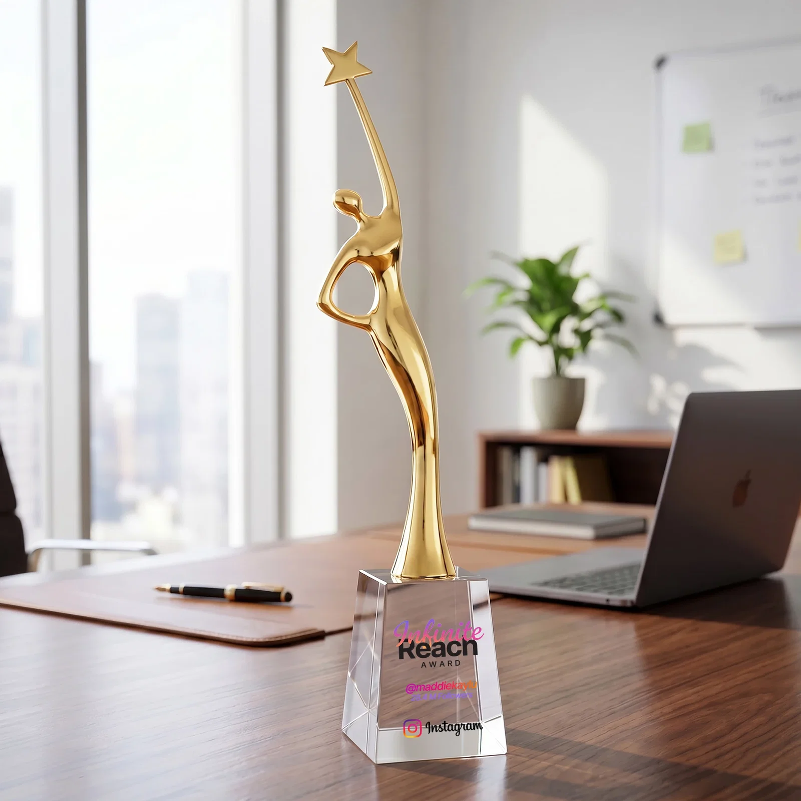 Promotional Gold Cast Metal Star Figure Award on a Crystal Base for donor appreciation