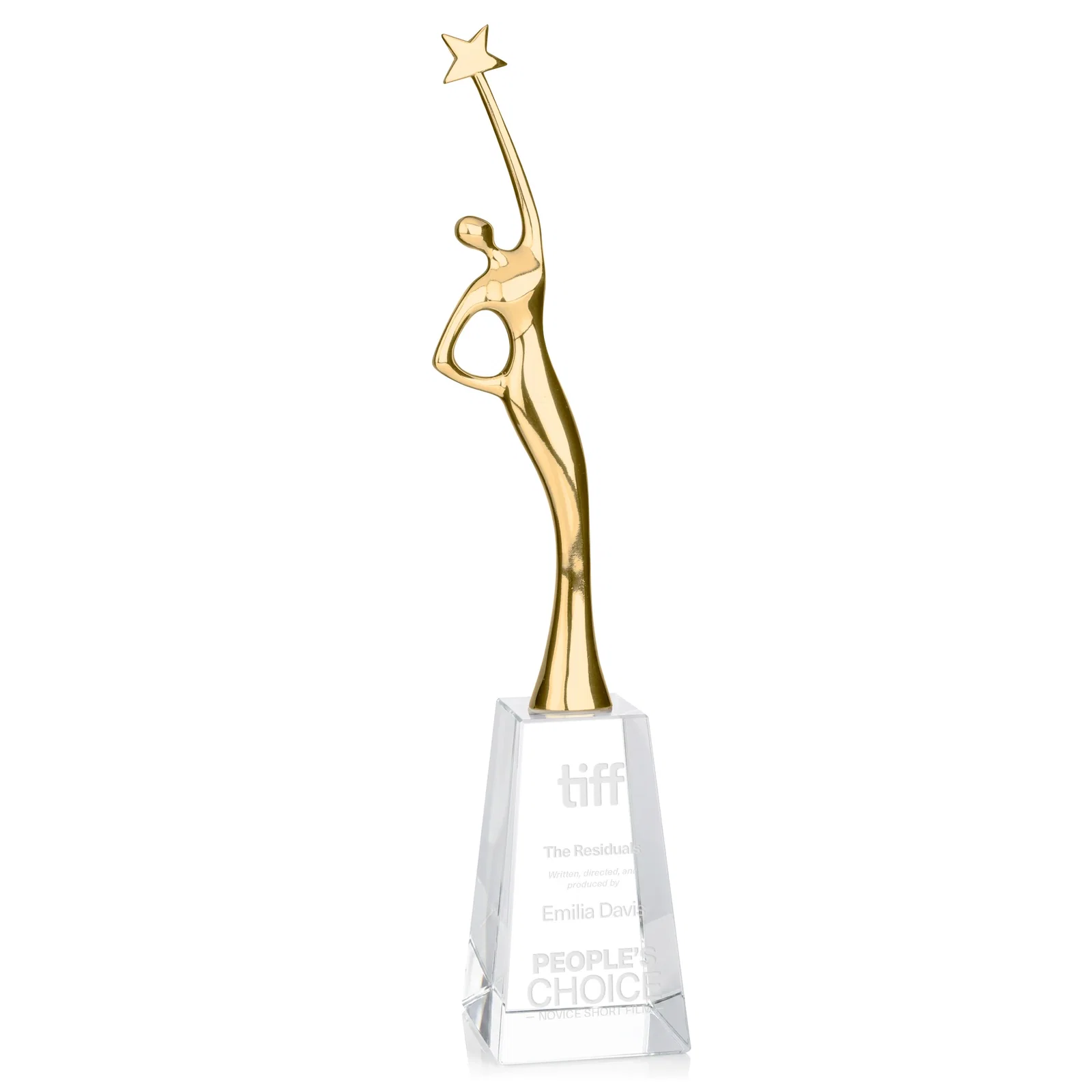 Custom Gold Cast Metal Star Figure Award on a Crystal Base for sales achievement awards