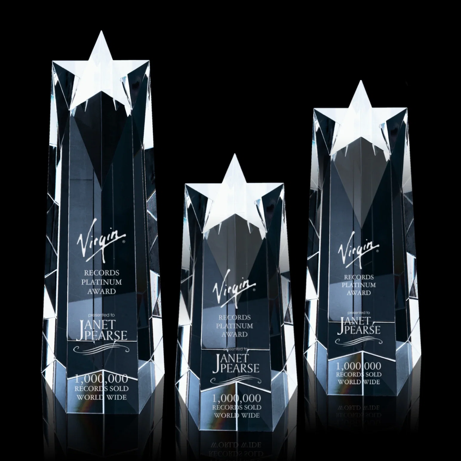 Custom Five-Sided Tapered Optical Crystal Obelisk Award with Star Cut for employee recognition