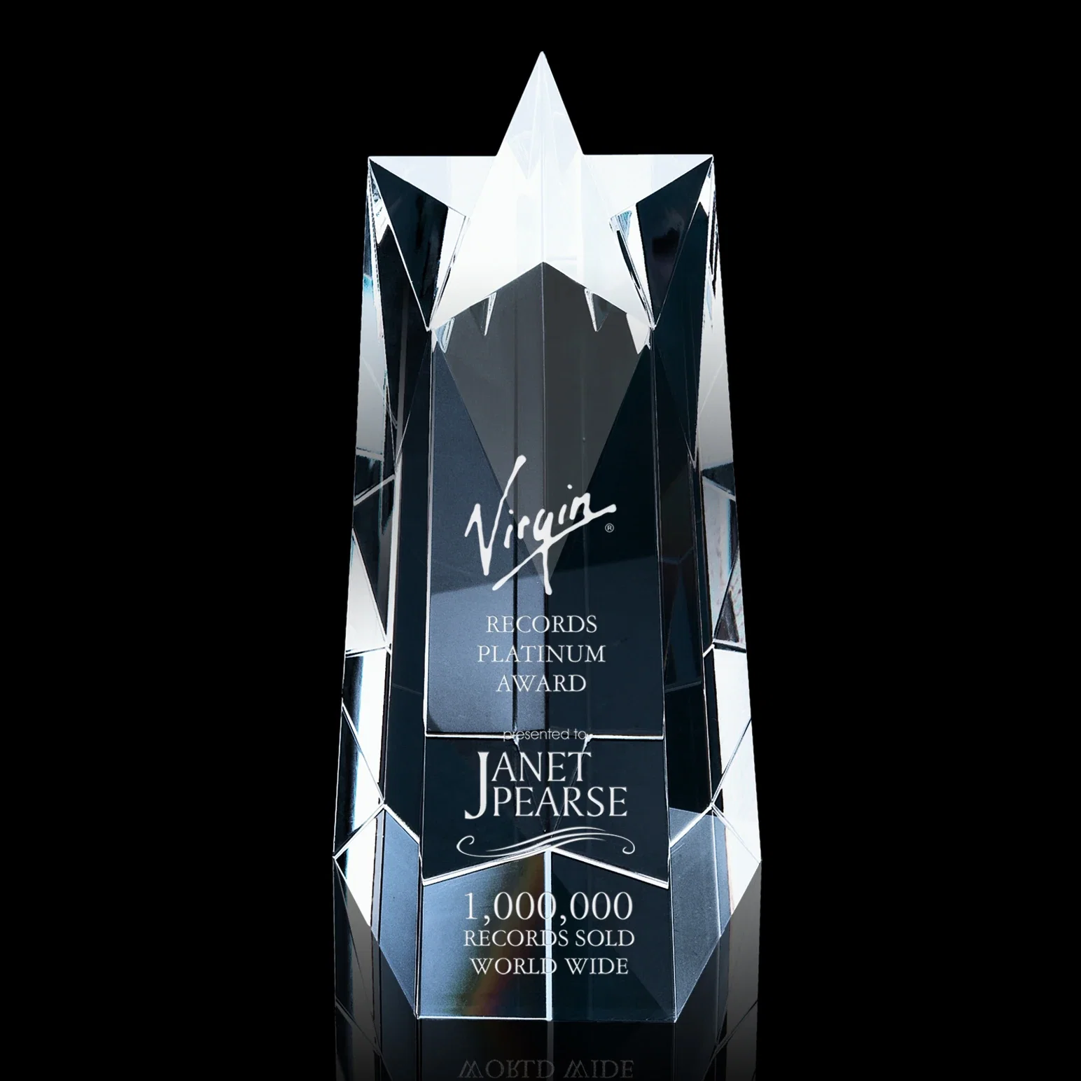 Custom Five-Sided Tapered Optical Crystal Obelisk Award with Star Cut for corporate award ceremonies