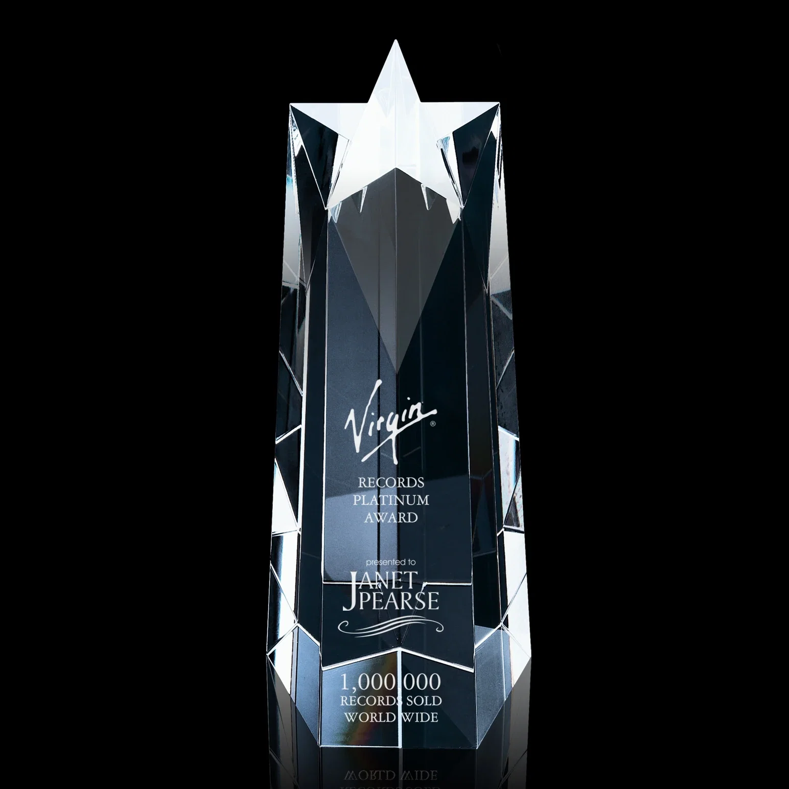 Custom Five-Sided Tapered Optical Crystal Obelisk Award with Star Cut for service anniversary gifts