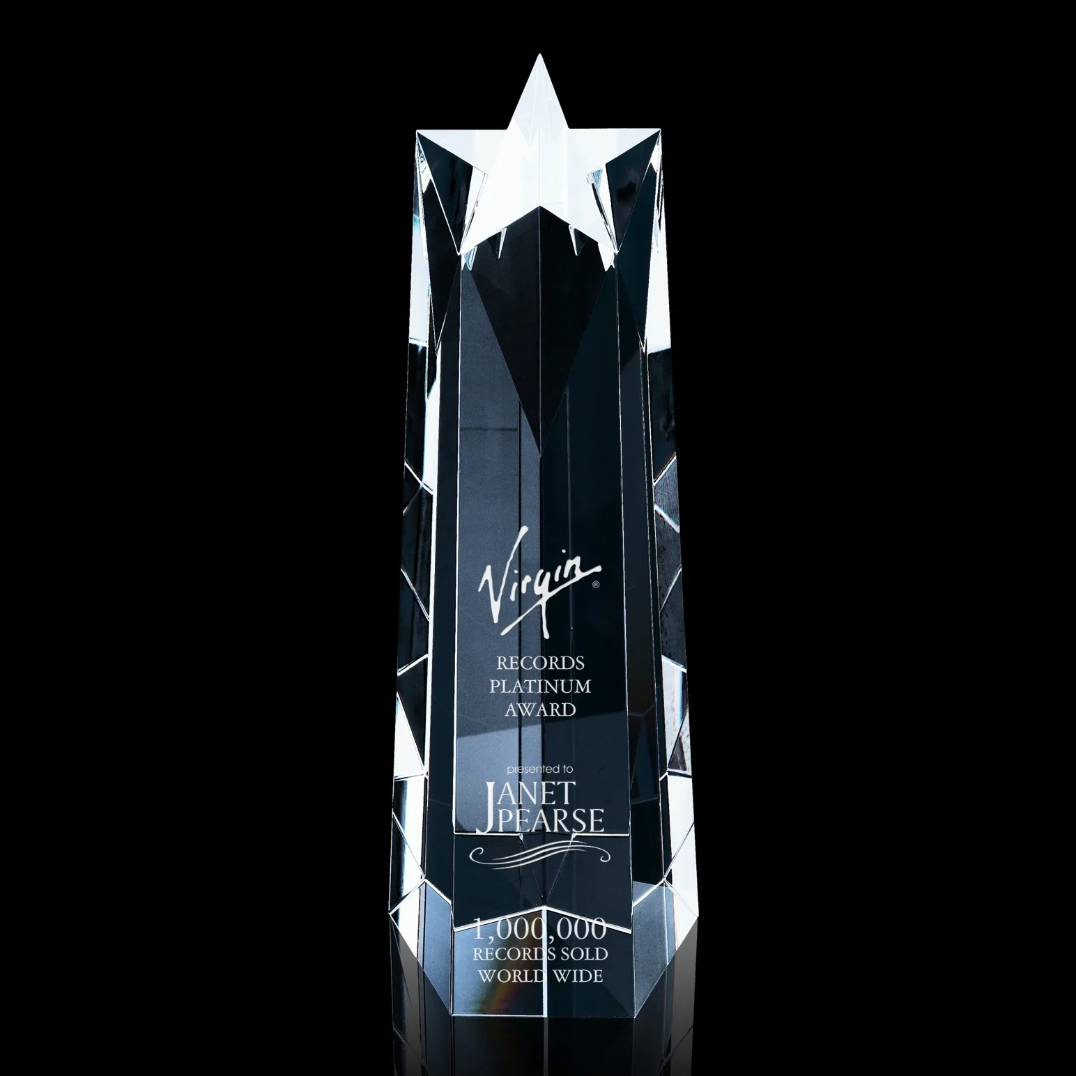 Custom Five-Sided Tapered Optical Crystal Obelisk Award with Star Cut for sales achievement awards