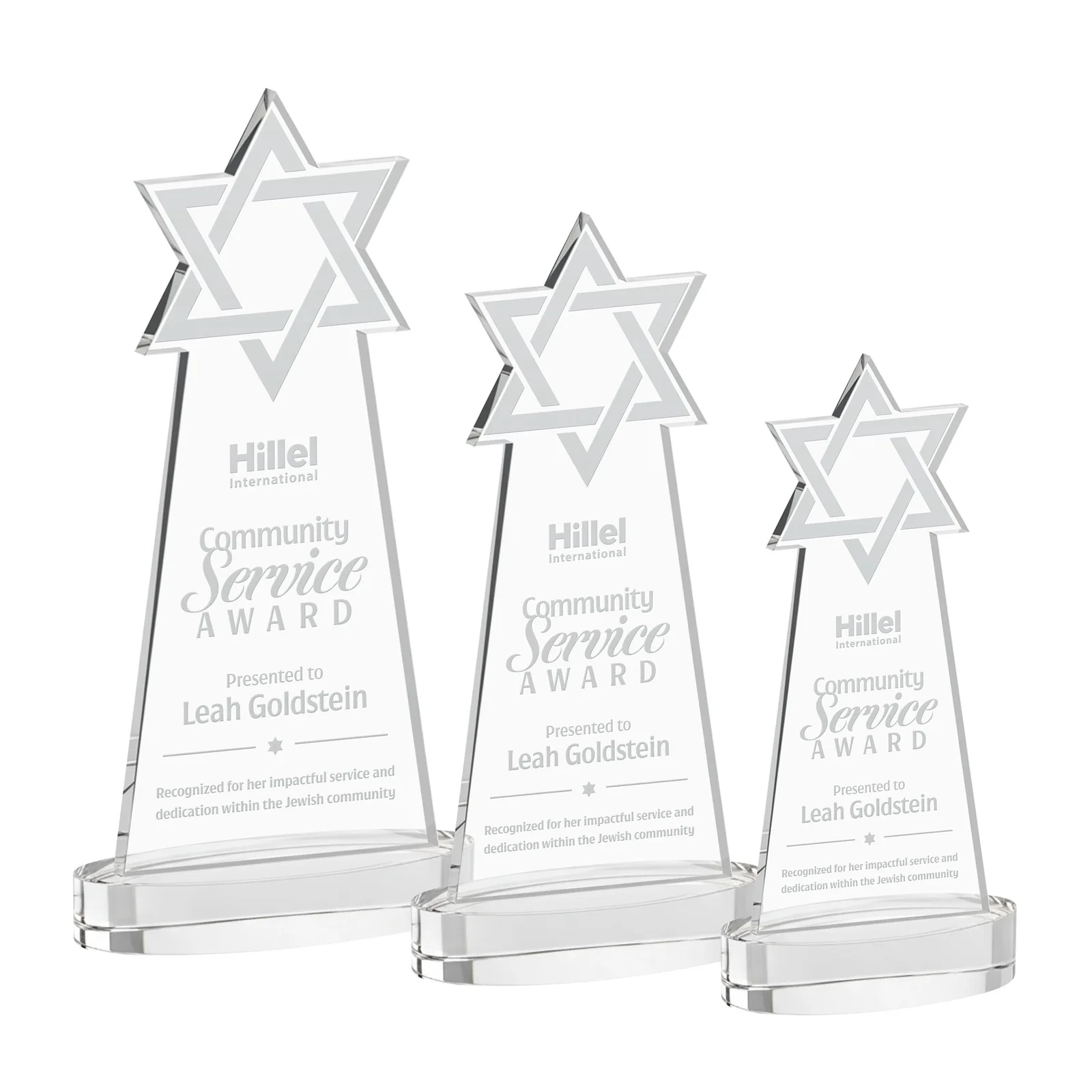 Custom Starfire Crystal Award with Etched Star of David for employee recognition
