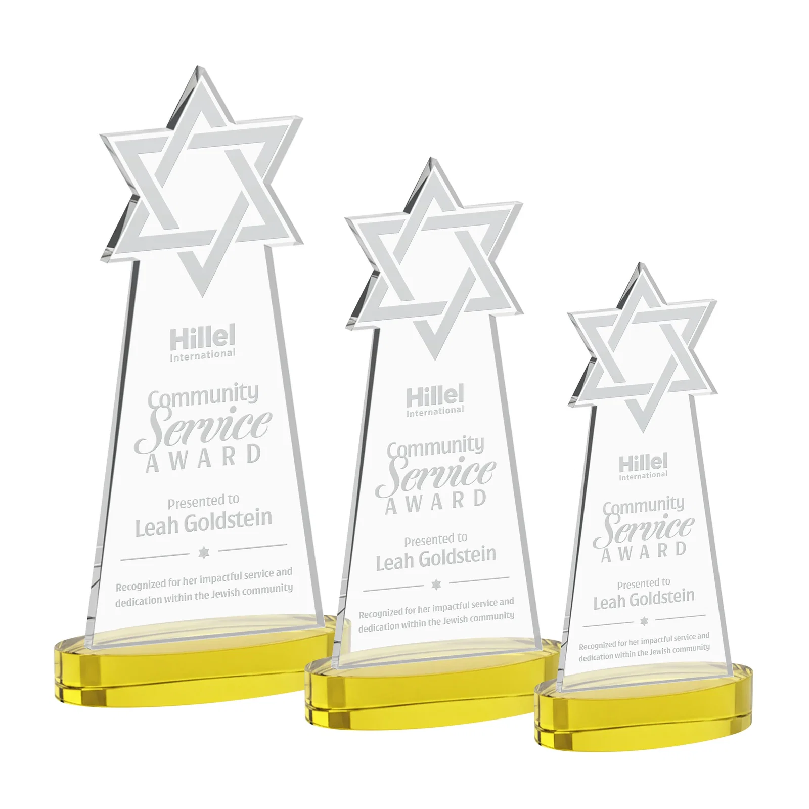 Custom Starfire Crystal Award with Etched Star of David for volunteer appreciation