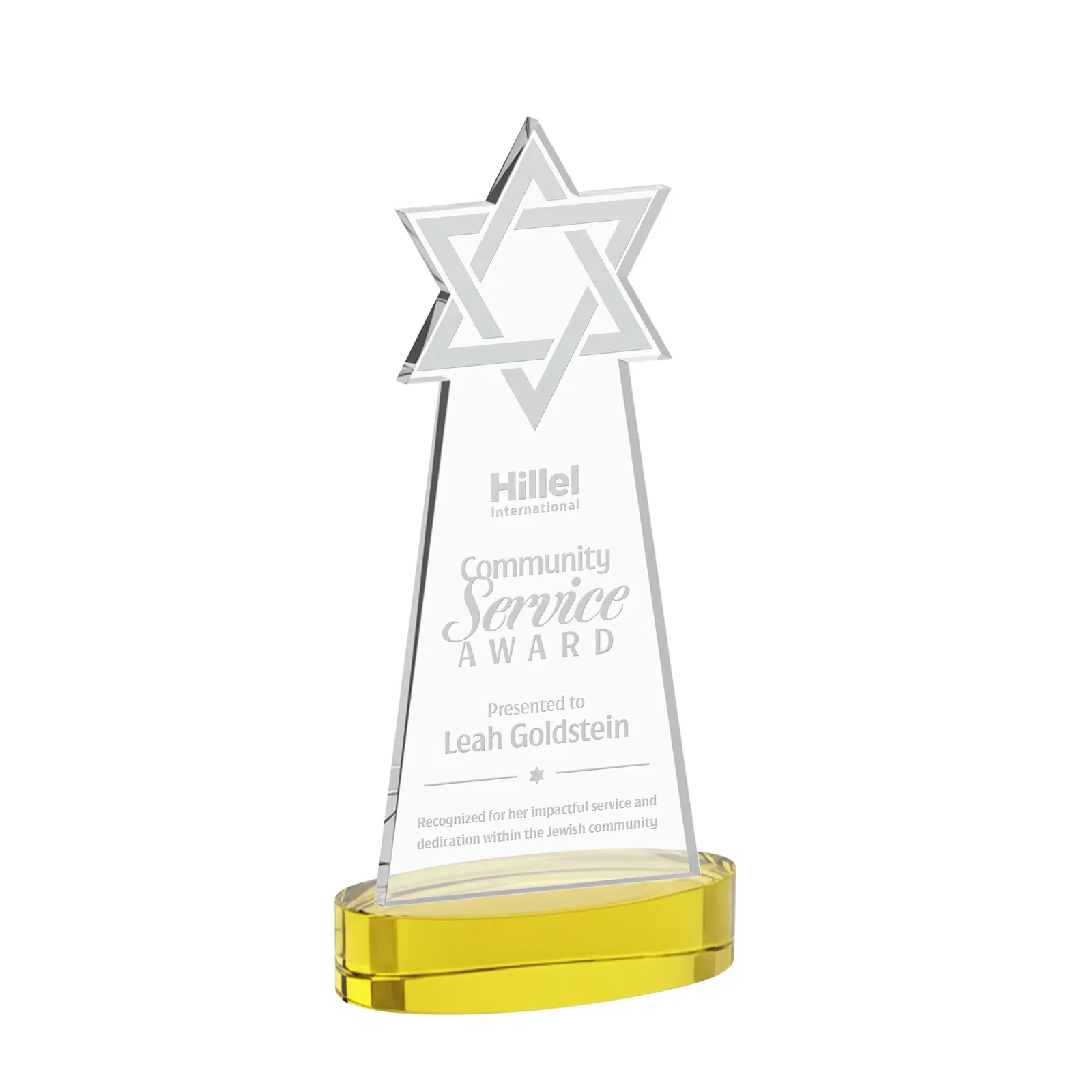 Custom Starfire Crystal Award with Etched Star of David for dealer and partner awards