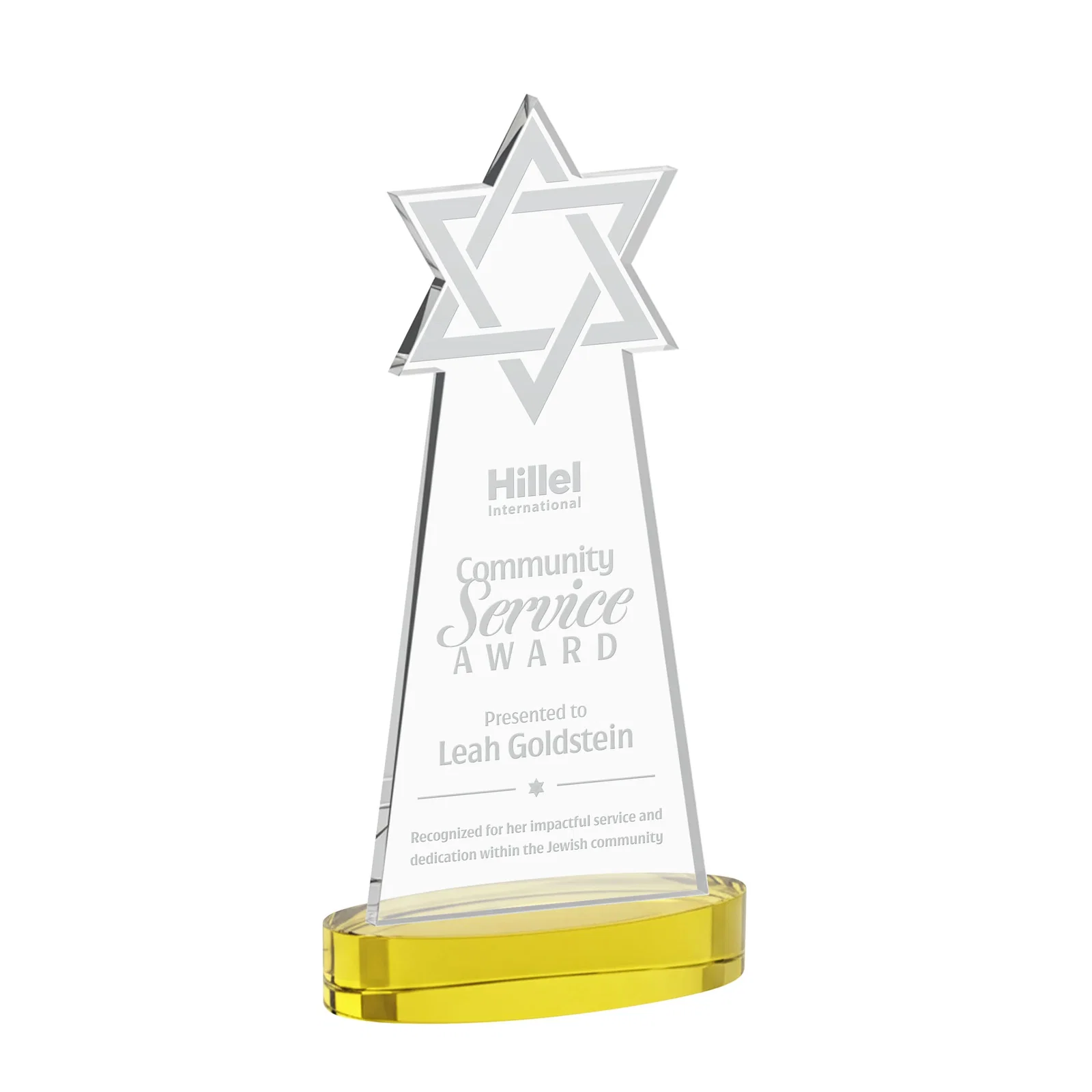 Custom Starfire Crystal Award with Etched Star of David for company anniversary events