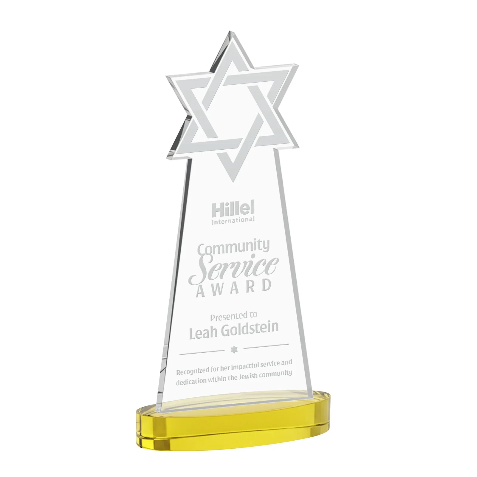 Personalized Starfire Crystal Award with Etched Star of David for employee recognition