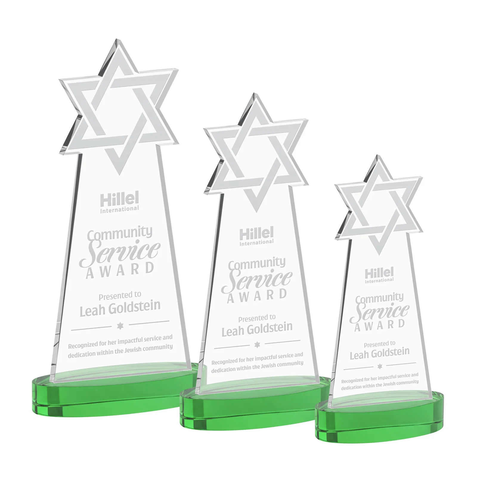Personalized Starfire Crystal Award with Etched Star of David for corporate award ceremonies