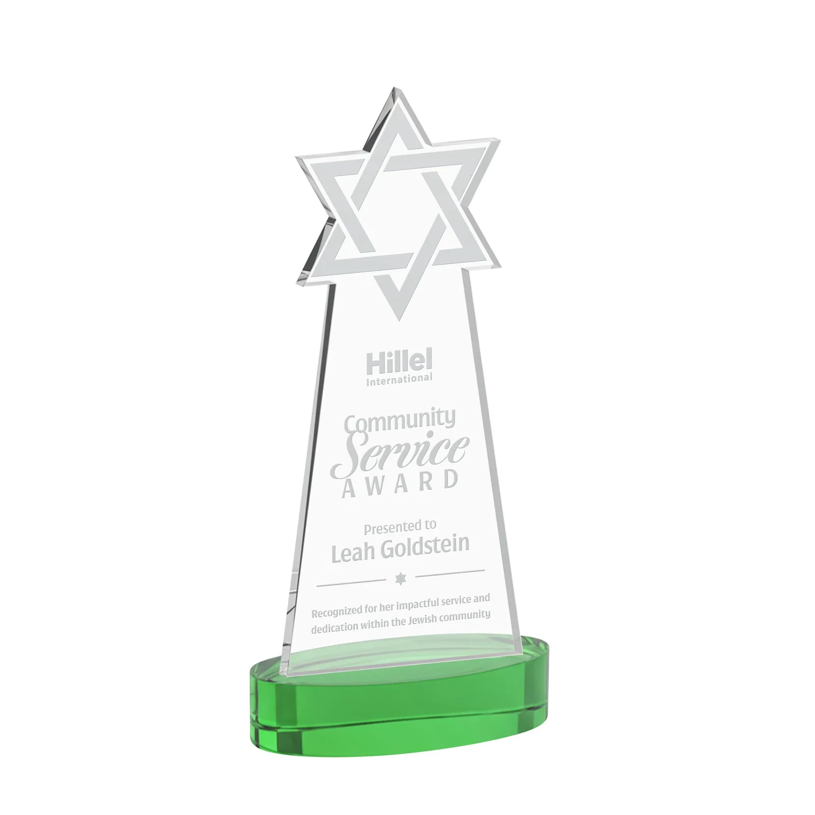Personalized Starfire Crystal Award with Etched Star of David for service anniversary gifts