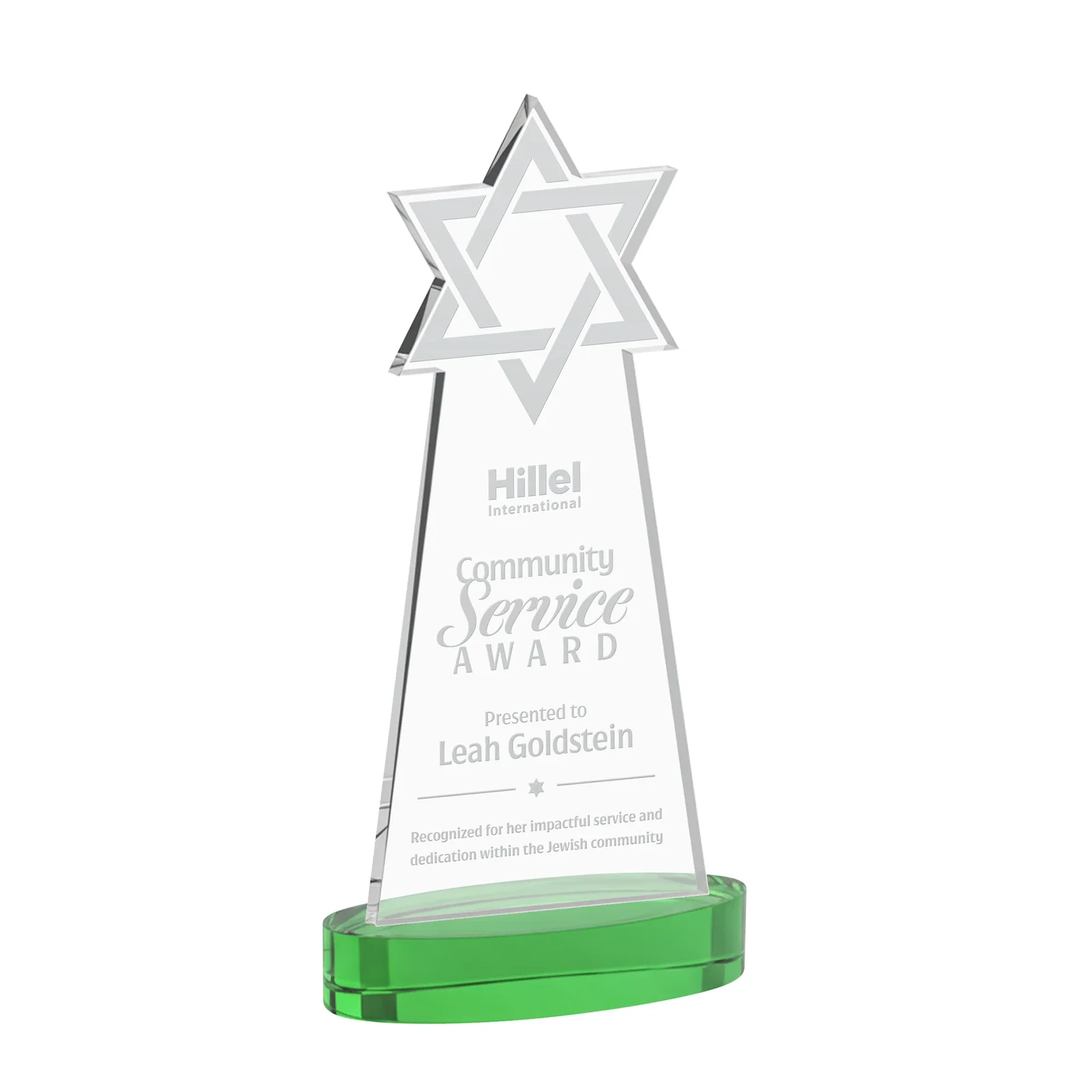 Personalized Starfire Crystal Award with Etched Star of David for sales achievement awards