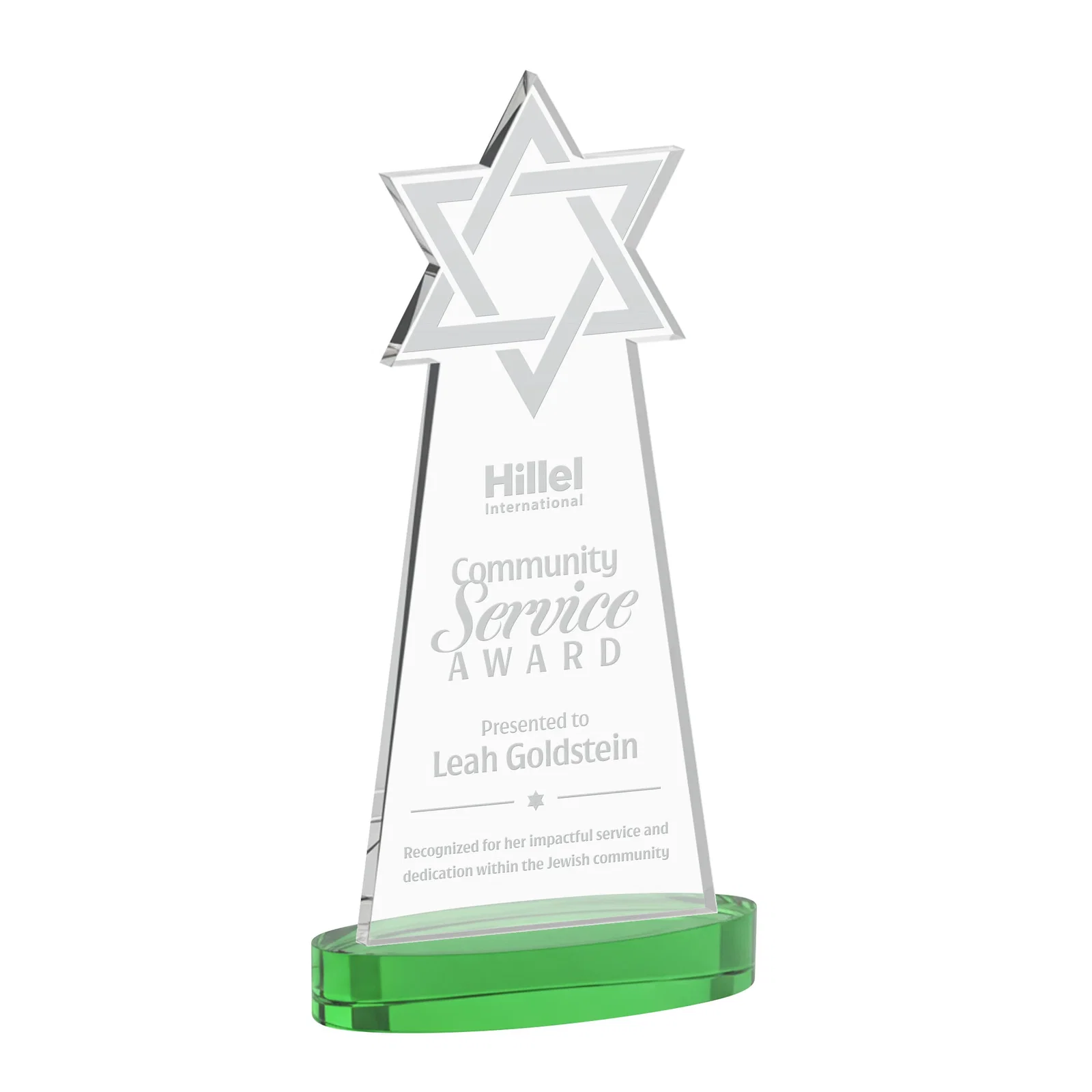 Personalized Starfire Crystal Award with Etched Star of David for retirement presentations
