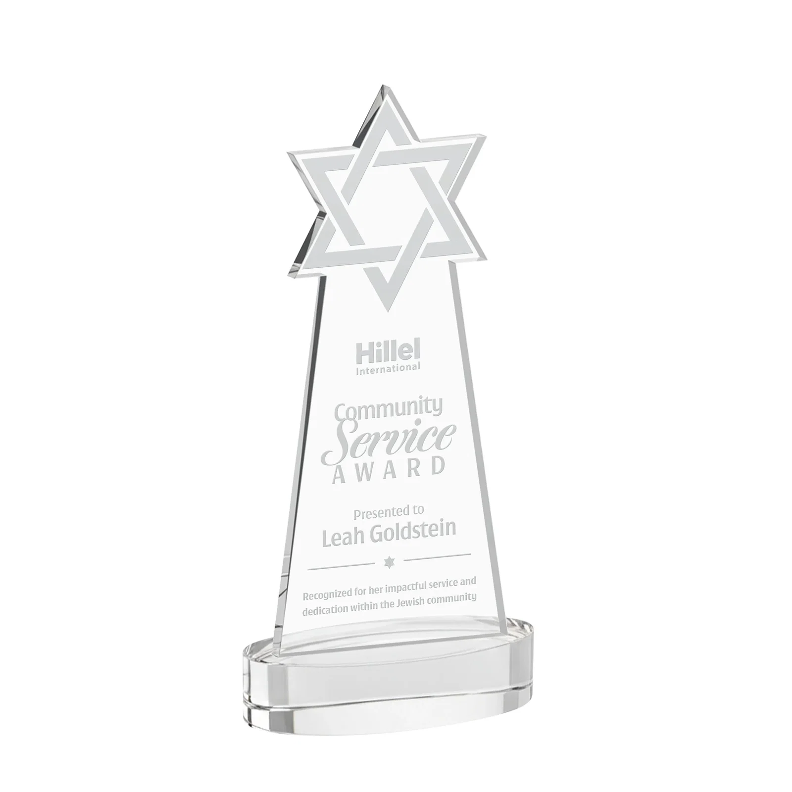 Custom Starfire Crystal Award with Etched Star of David for corporate award ceremonies