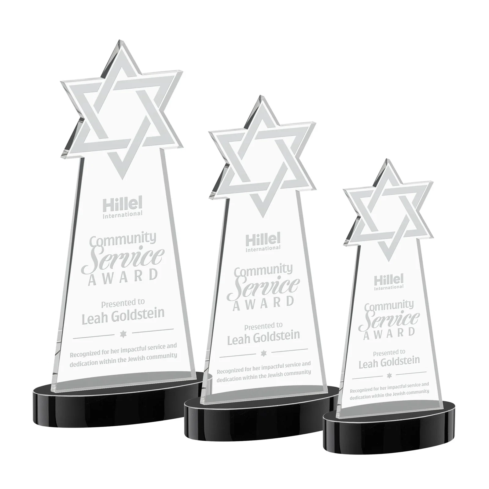 Personalized Starfire Crystal Award with Etched Star of David for team milestone celebrations