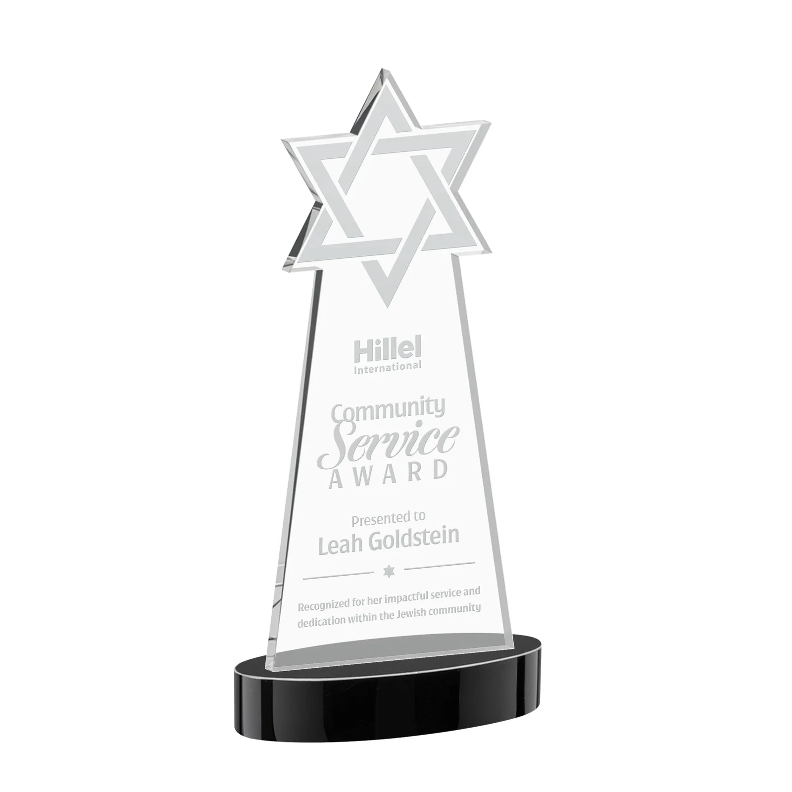 Personalized Starfire Crystal Award with Etched Star of David for graduation ceremonies