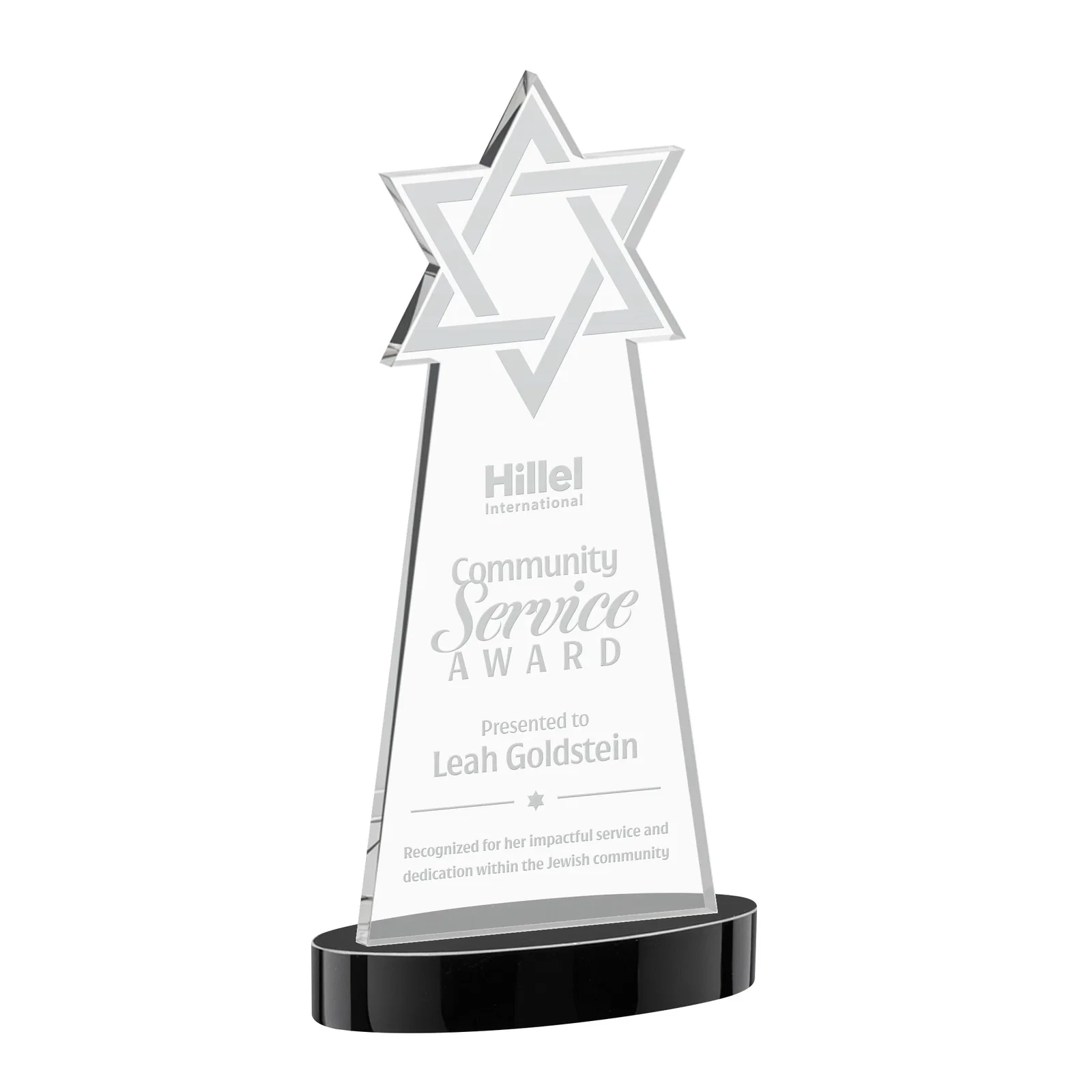 Personalized Starfire Crystal Award with Etched Star of David for safety achievement programs