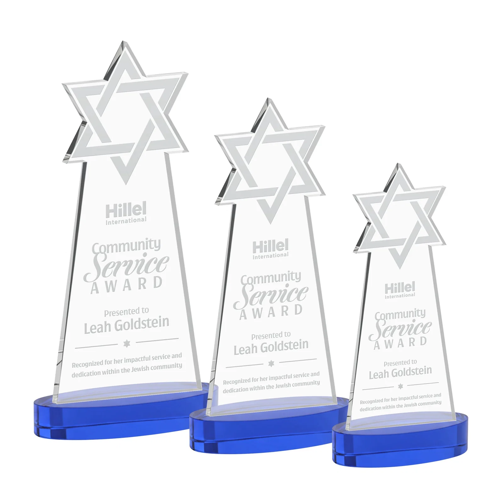 Personalized Starfire Crystal Award with Etched Star of David for volunteer appreciation
