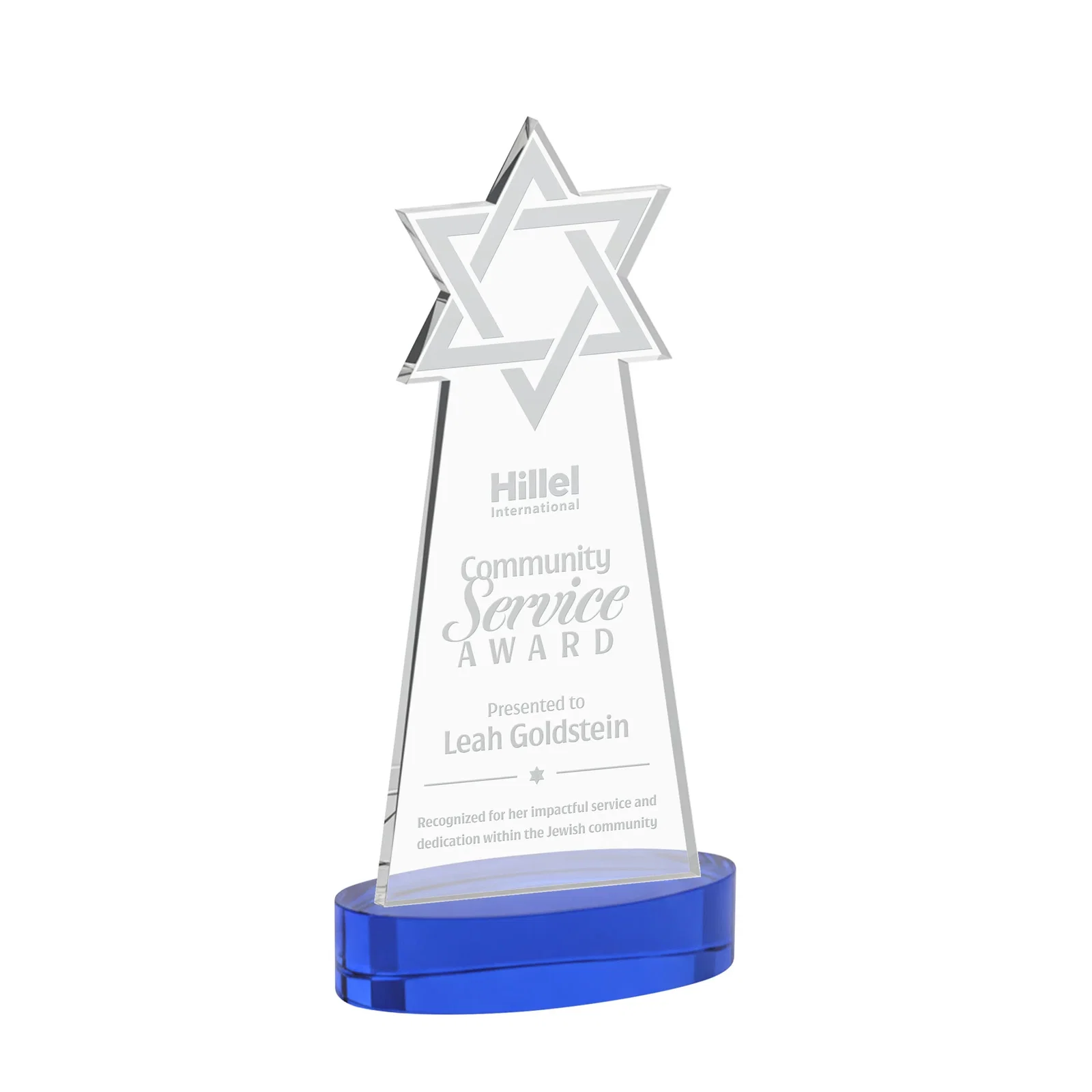 Personalized Starfire Crystal Award with Etched Star of David for dealer and partner awards