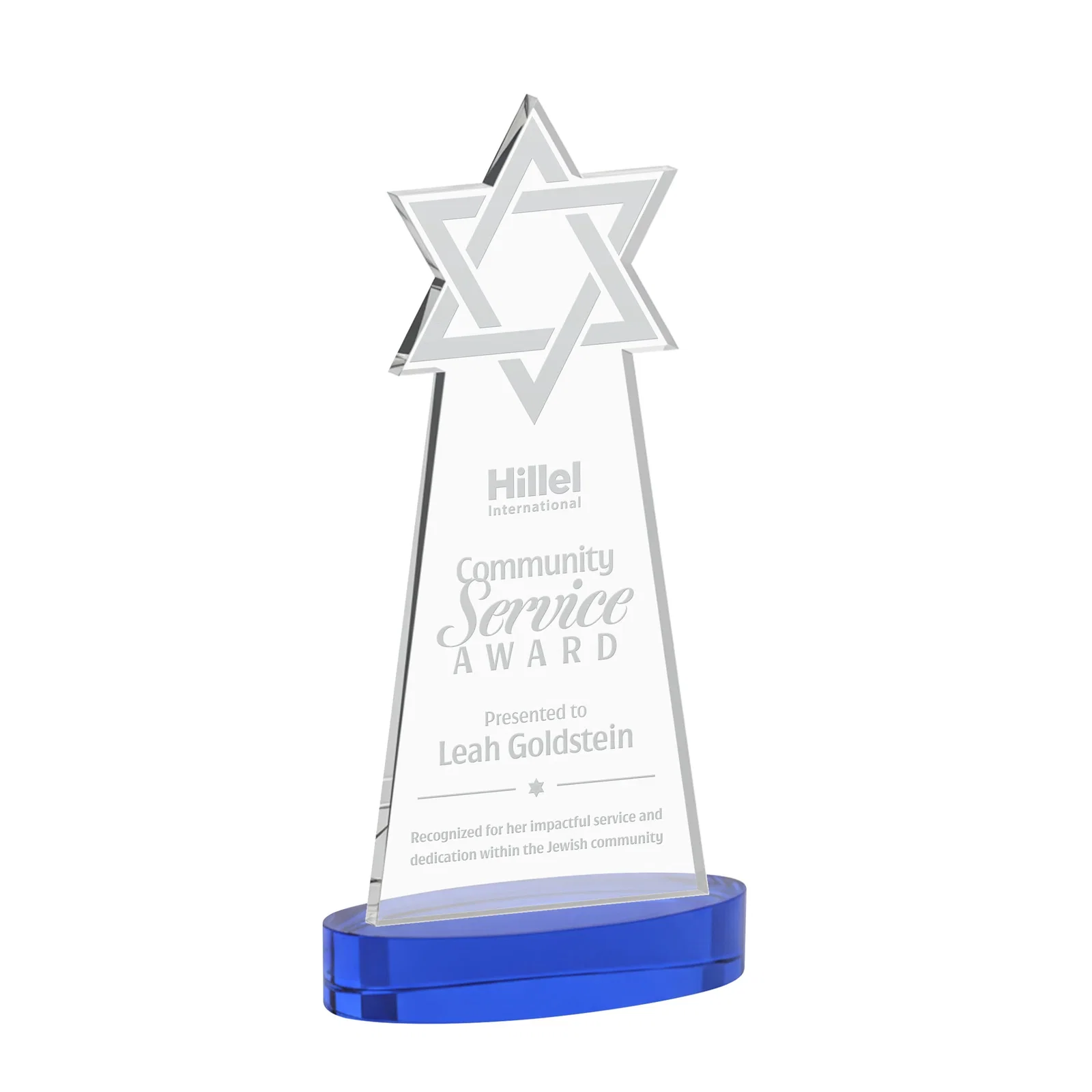 Personalized Starfire Crystal Award with Etched Star of David for company anniversary events