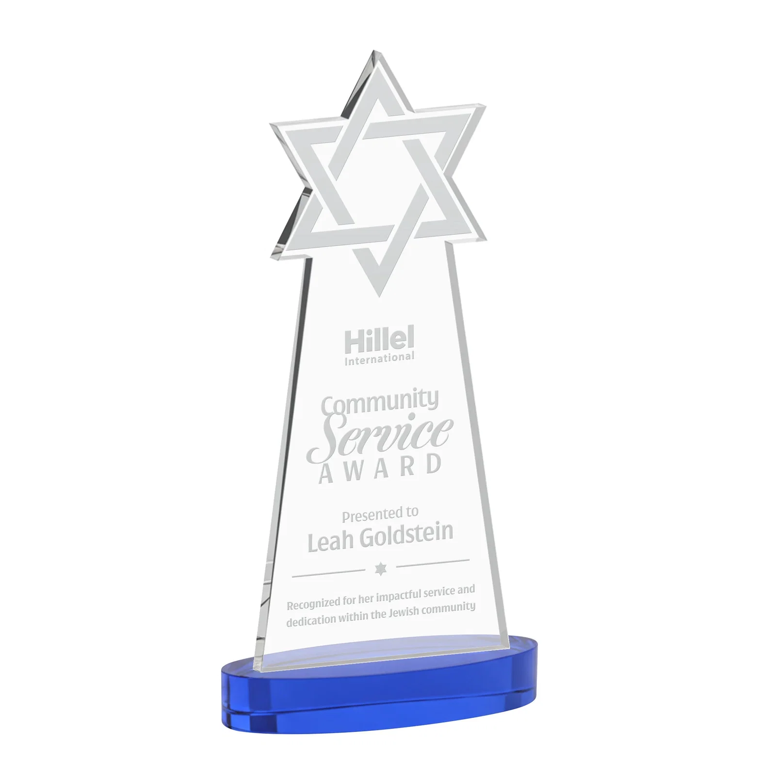Promotional Starfire Crystal Award with Etched Star of David for employee recognition