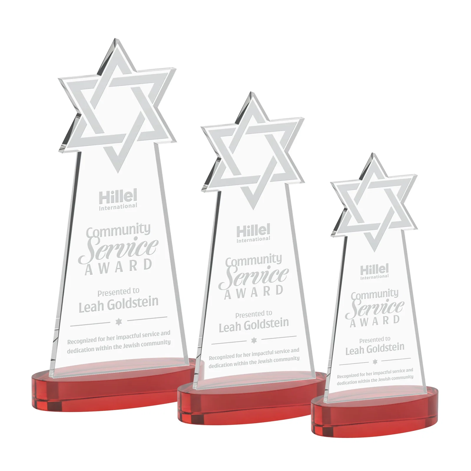 Promotional Starfire Crystal Award with Etched Star of David for corporate award ceremonies