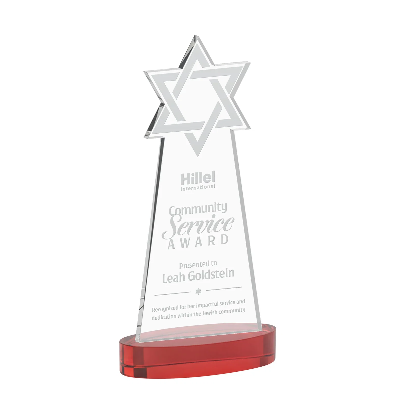 Promotional Starfire Crystal Award with Etched Star of David for sales achievement awards