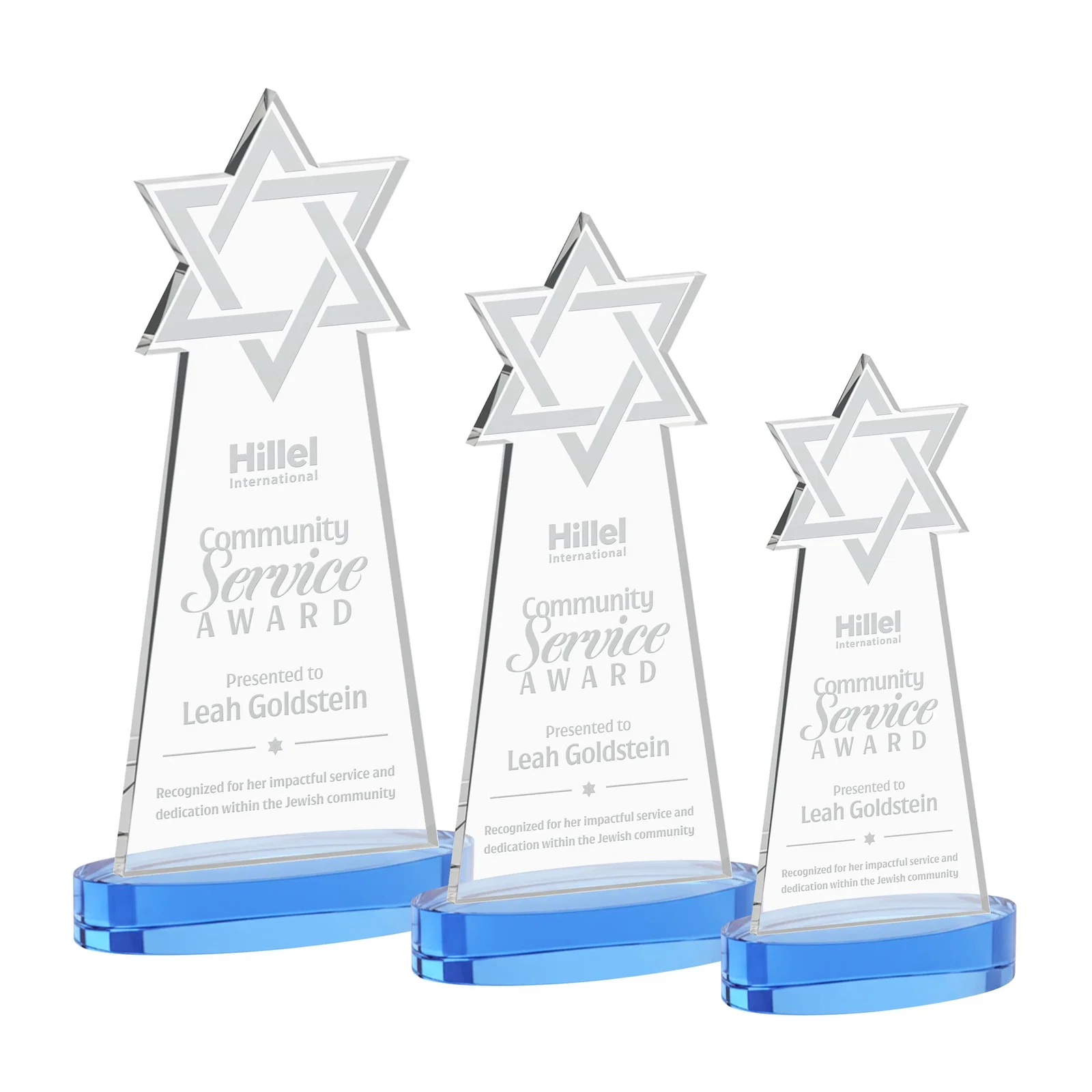 Promotional Starfire Crystal Award with Etched Star of David for team milestone celebrations